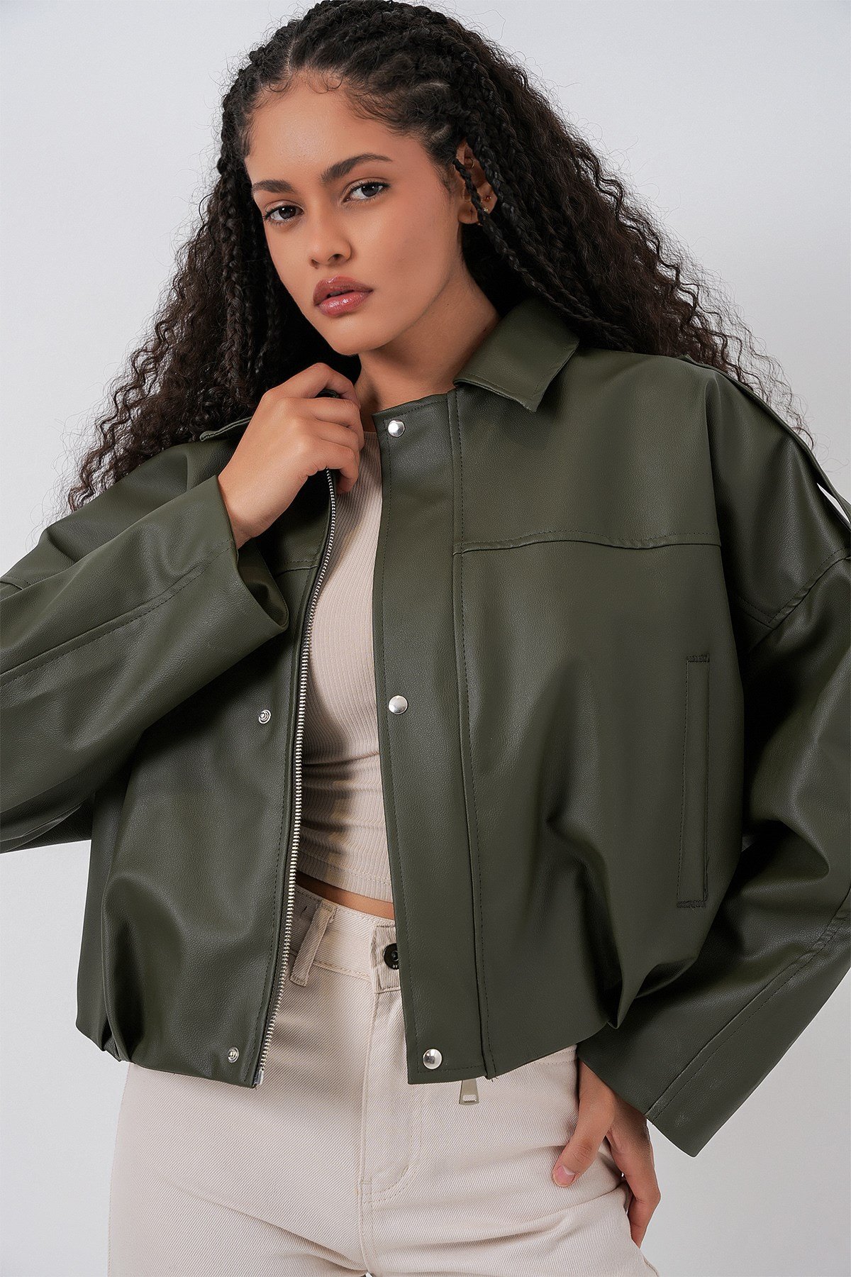 Kadın Oversize Deri Ceket 1055 - Haki