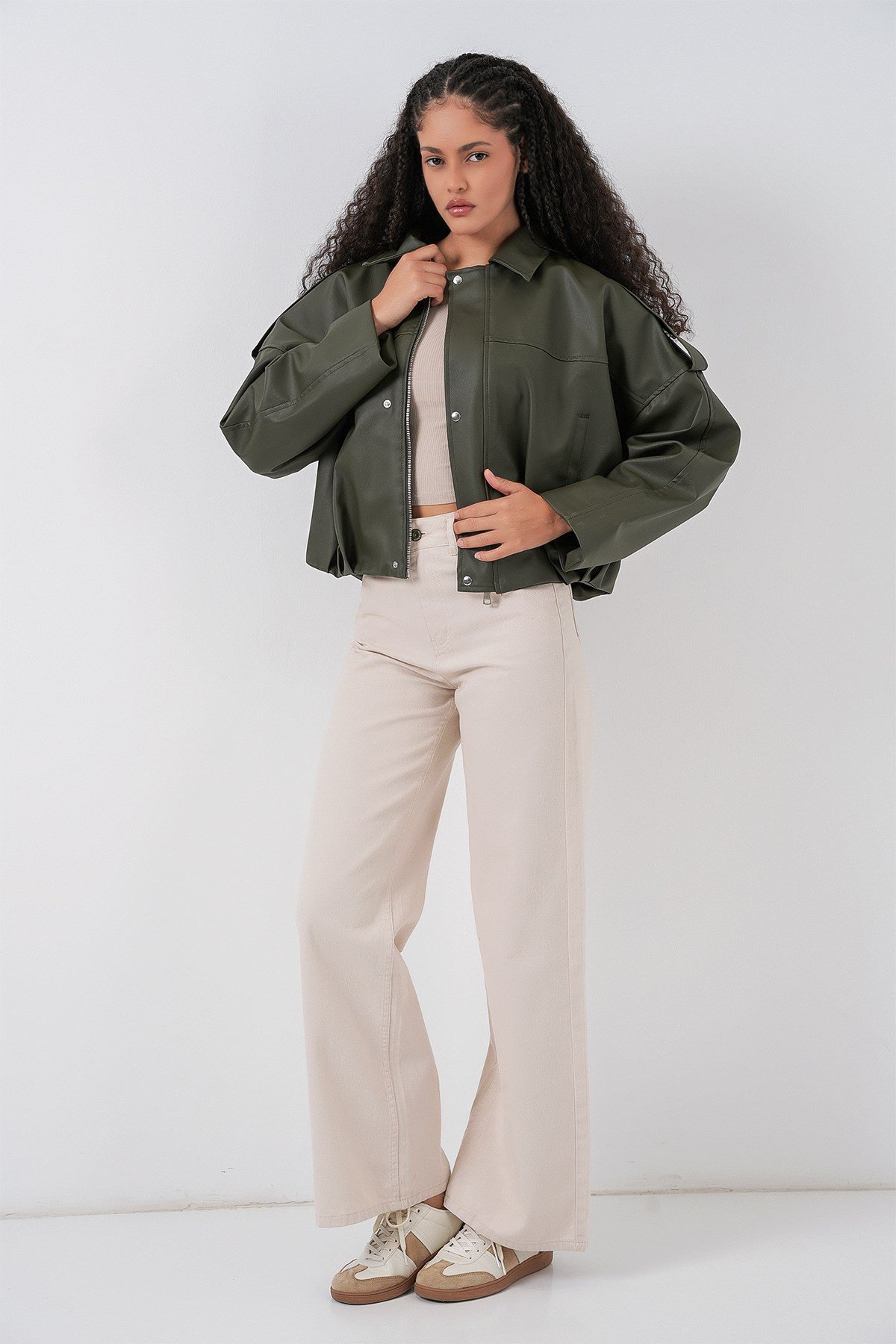 Kadın Oversize Deri Ceket 1055 - Haki