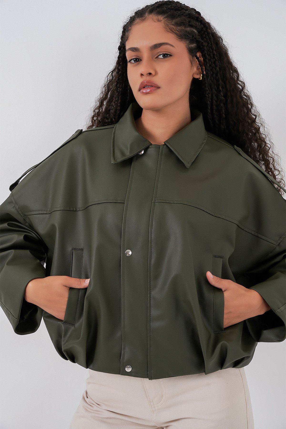 Kadın Oversize Deri Ceket 1055 - Haki