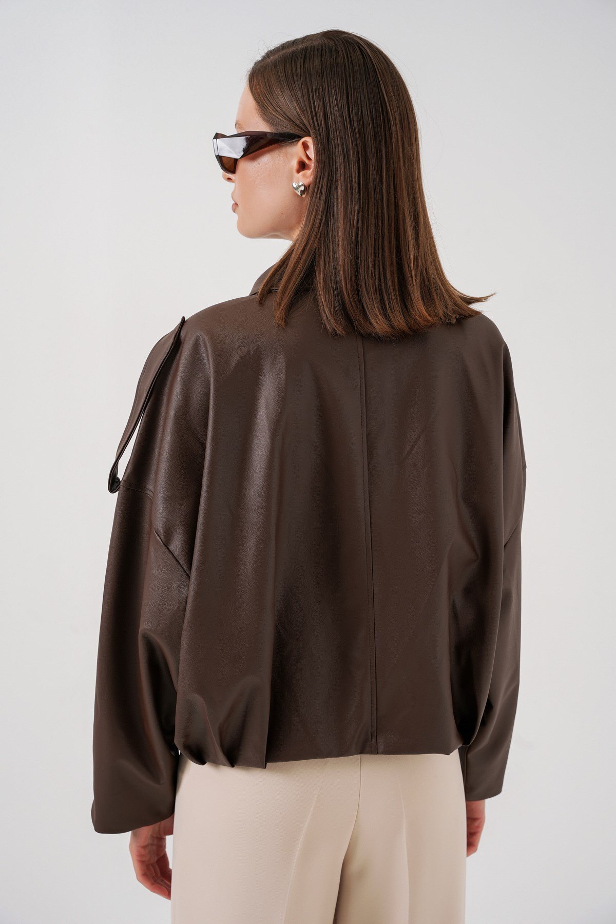 Kadın Oversize Deri Ceket 1055 - Kahverengi