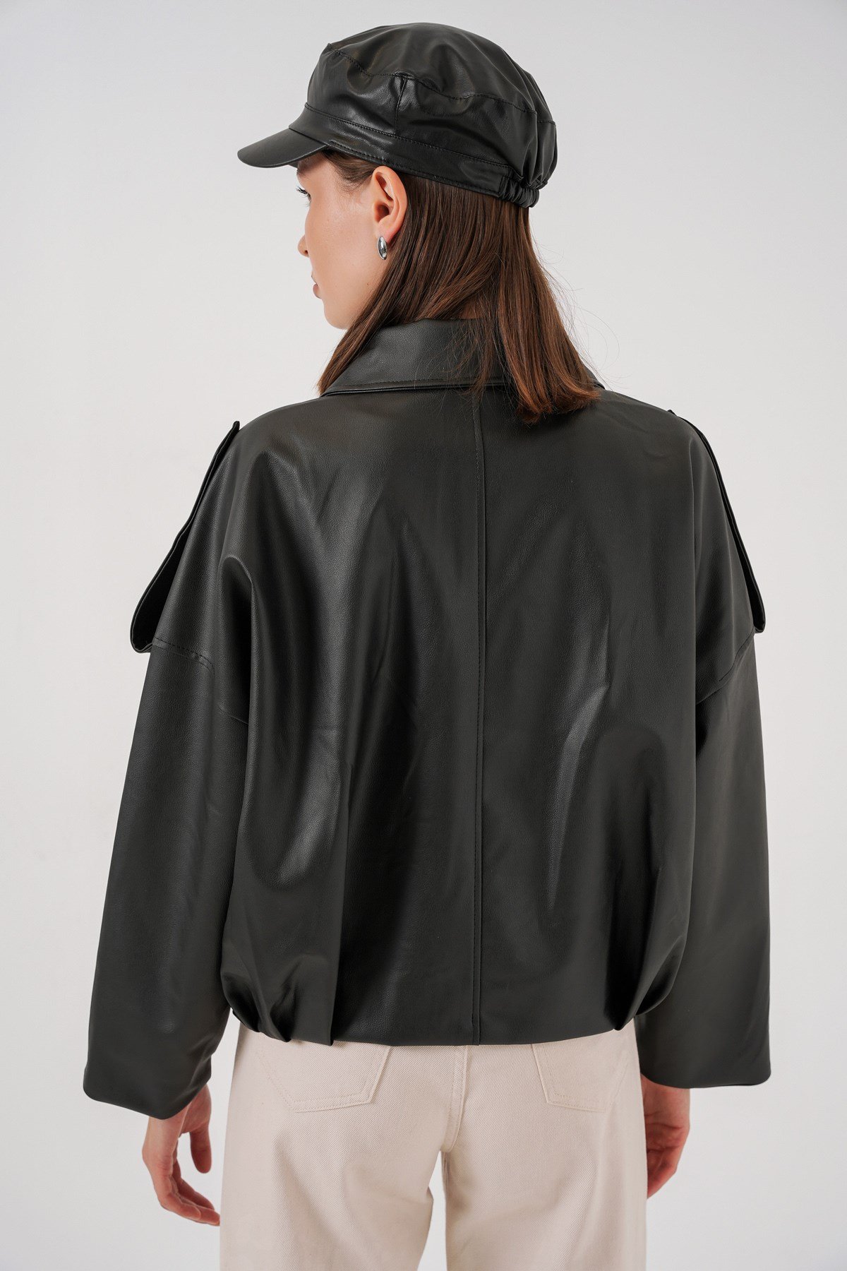 Kadın Oversize Deri Ceket 1055 - Siyah