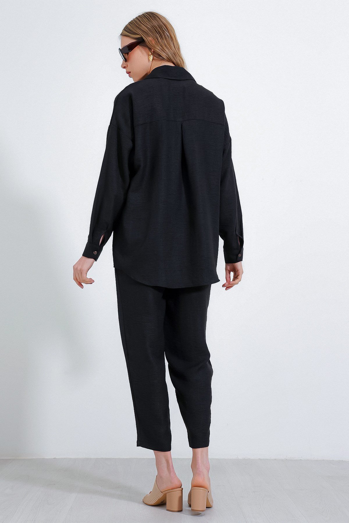 Kadın Siyah Oversize Keten Alt Üst Takım 6622