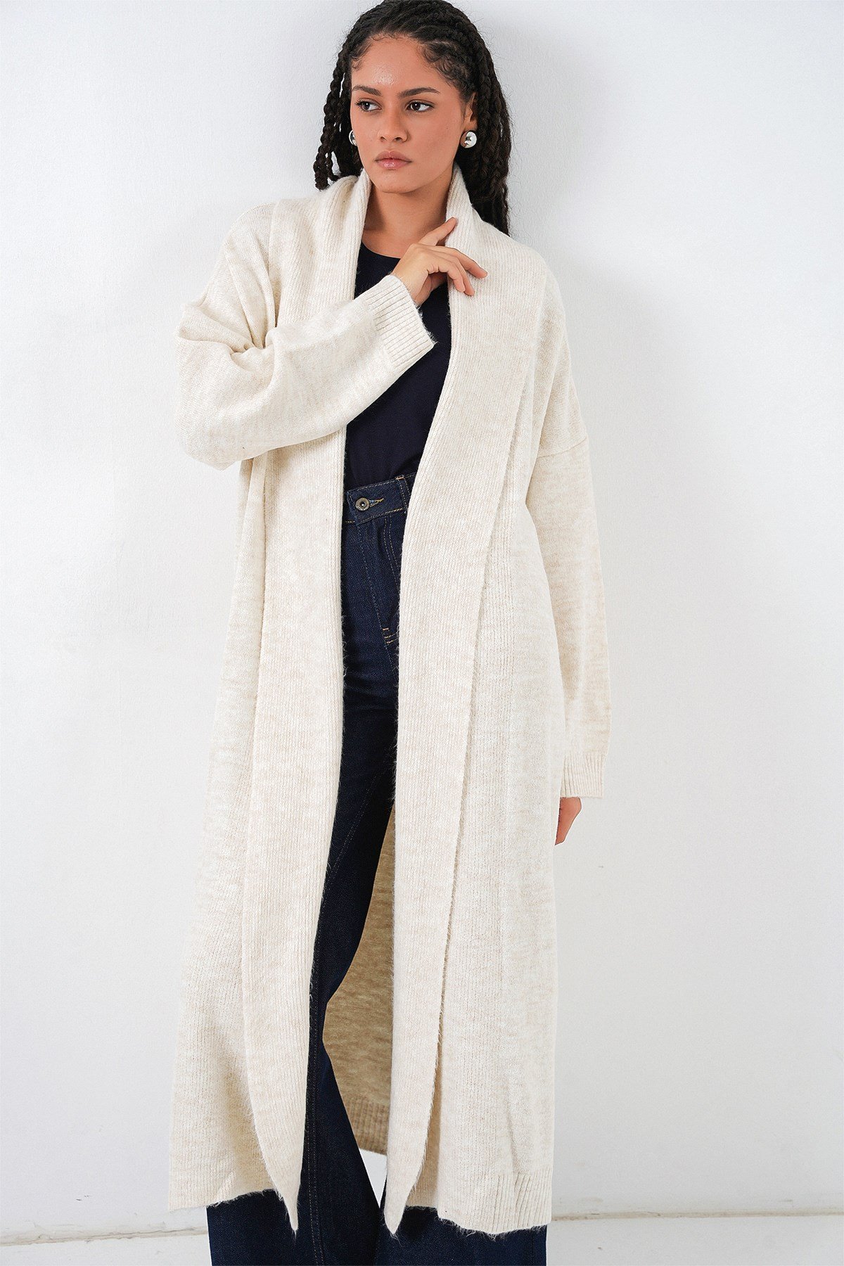 Kadın Uzun Oversize Triko Hırka 15924 - Ekru
