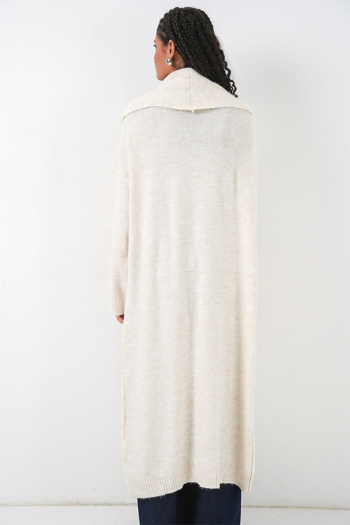 Kadın Uzun Oversize Triko Hırka 15924 - Ekru