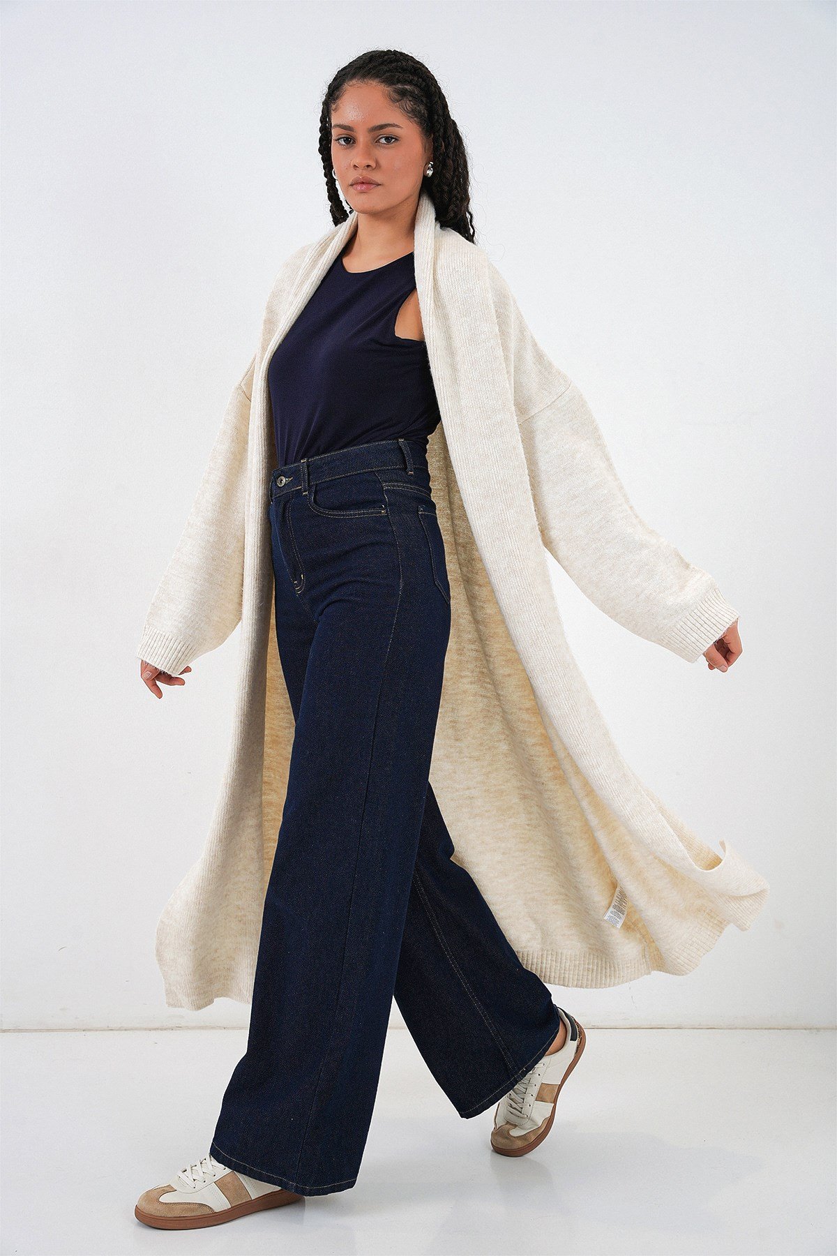 Kadın Uzun Oversize Triko Hırka 15924 - Ekru