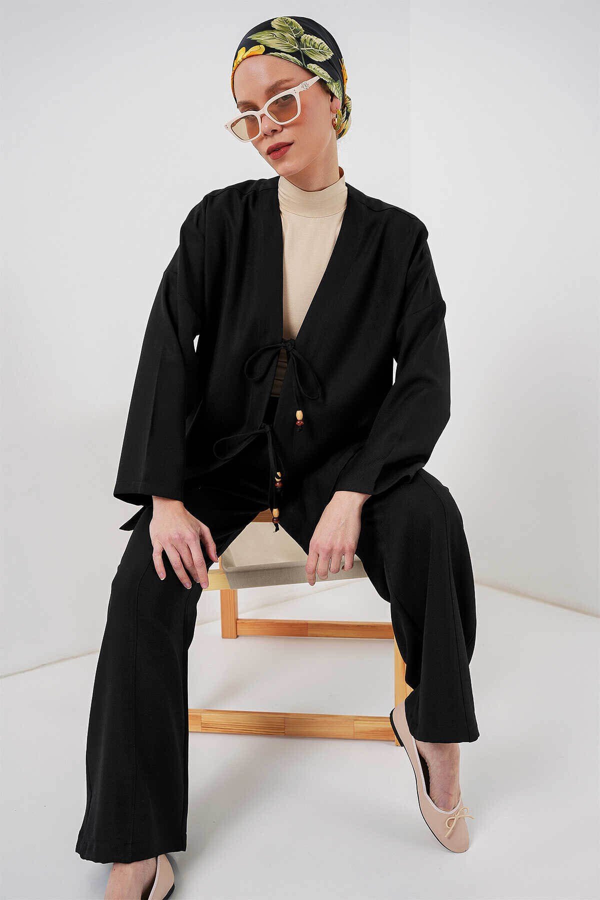 Keten Kimono Siyah Kadın Alt-Üst Takım 6727