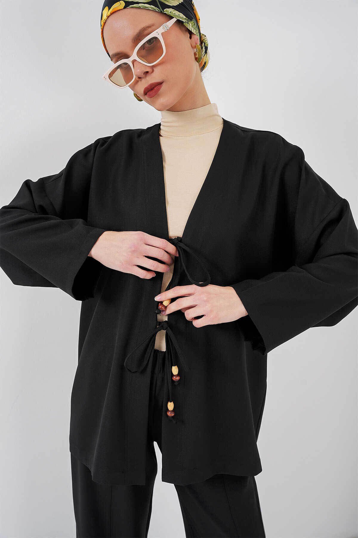Keten Kimono Siyah Kadın Alt-Üst Takım 6727