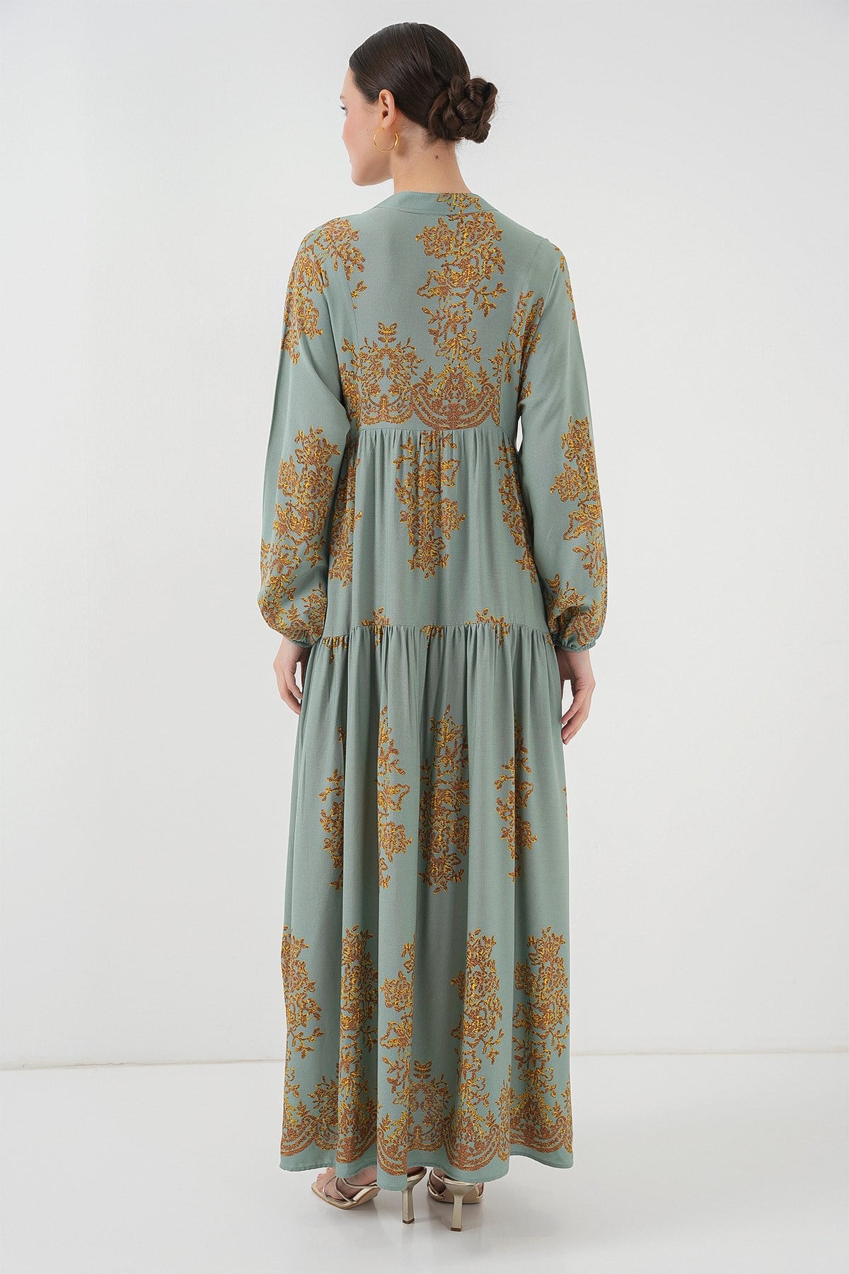 Mint Gold Desenli Tesettür Elbise 2423