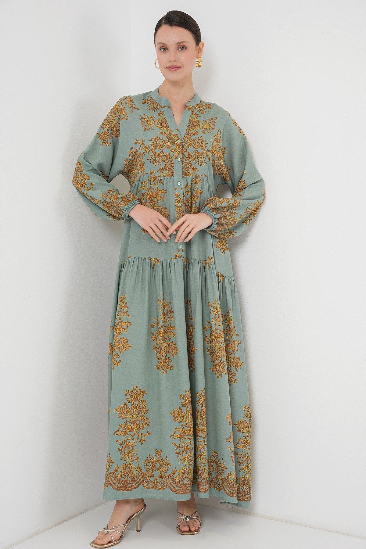 Mint Gold Desenli Tesettür Elbise 2423