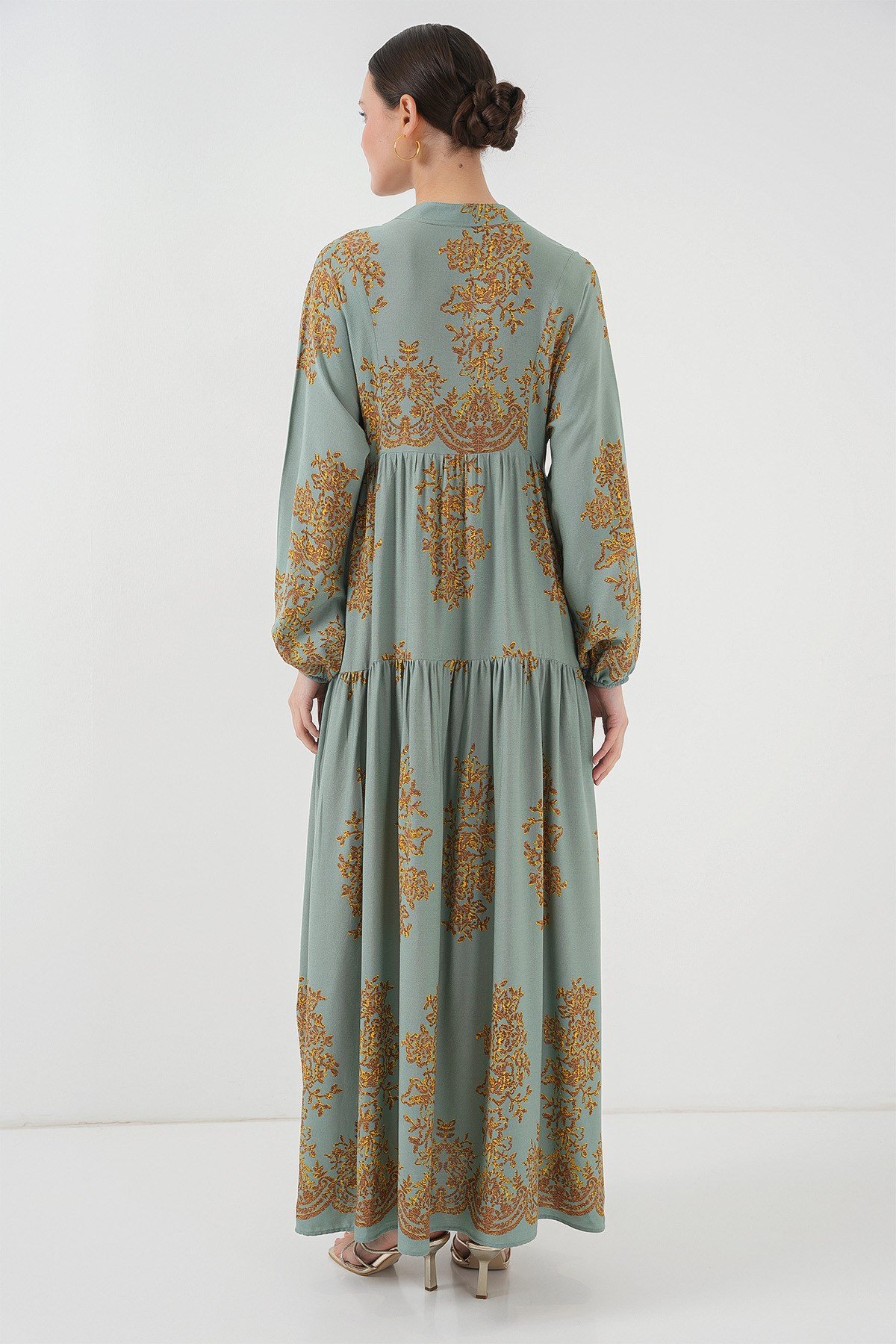 Mint Gold Desenli Tesettür Elbise 2423