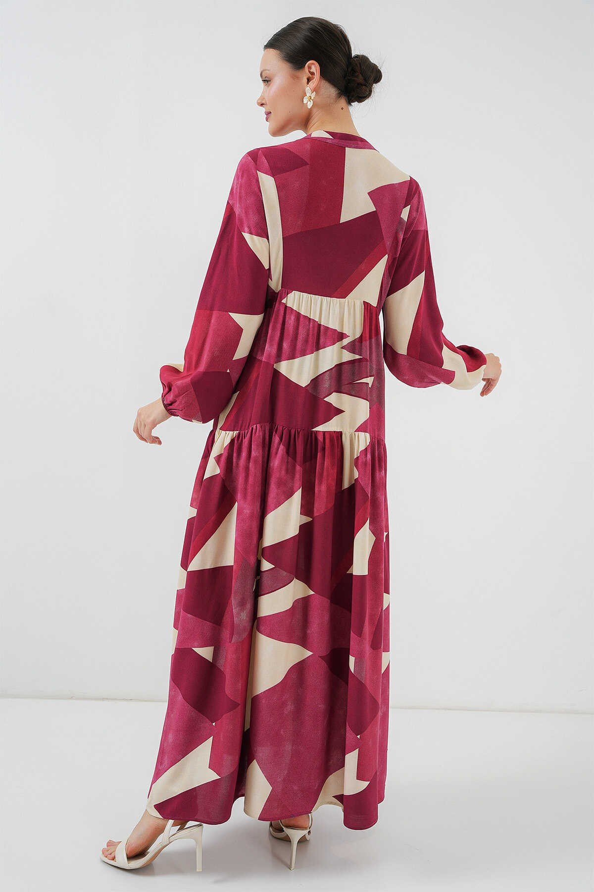 Otantik Desenli Tesettür Elbise - Bordo