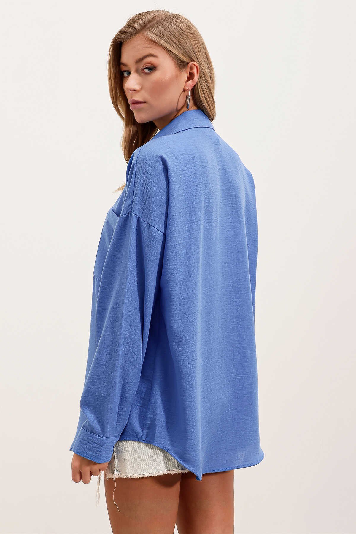 Tek Cepli Oversize Keten Gömlek - Saks
