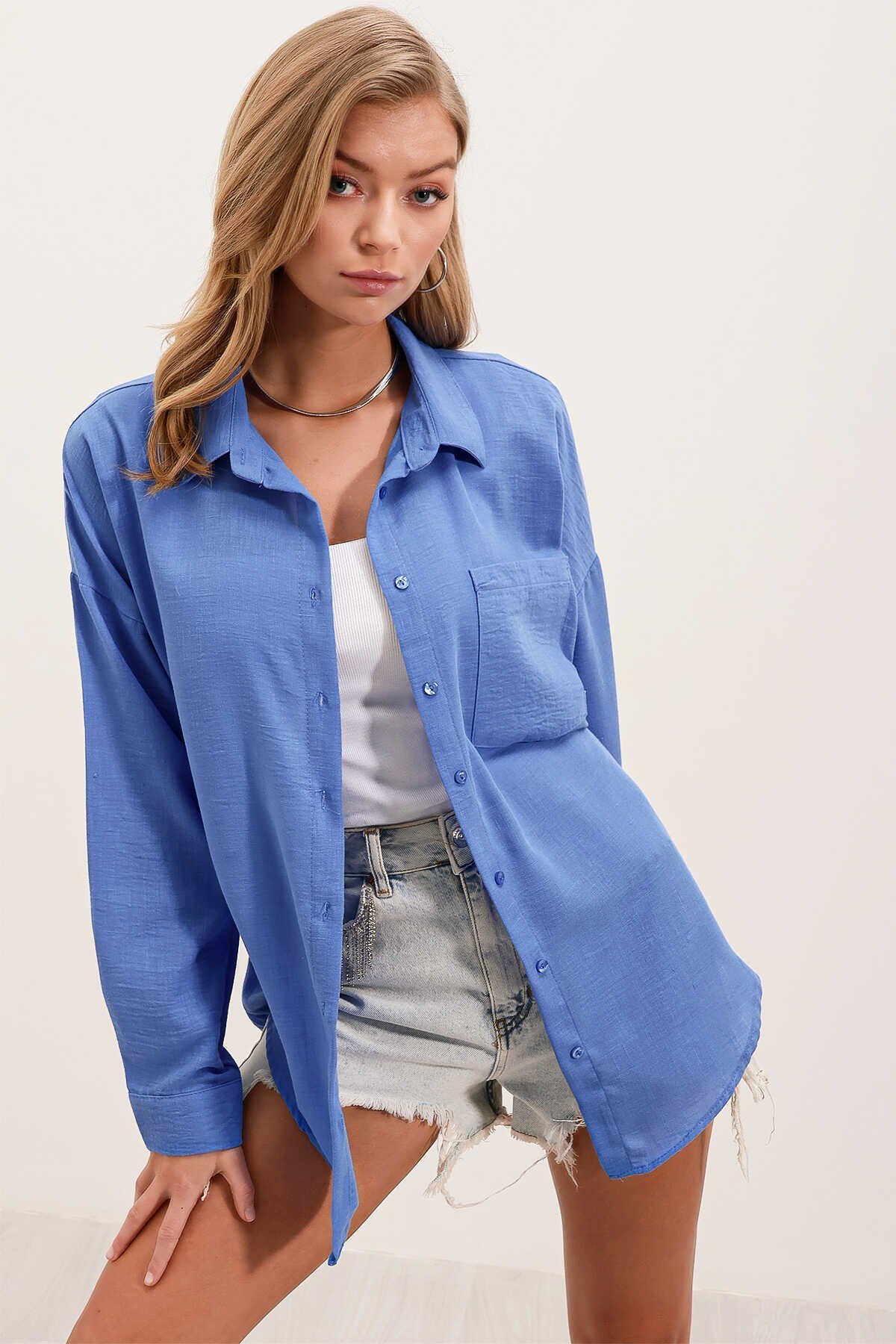 Tek Cepli Oversize Keten Gömlek - Saks