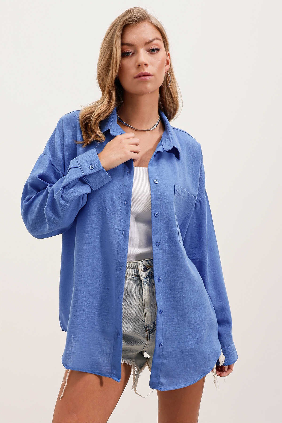 Tek Cepli Oversize Keten Gömlek - Saks