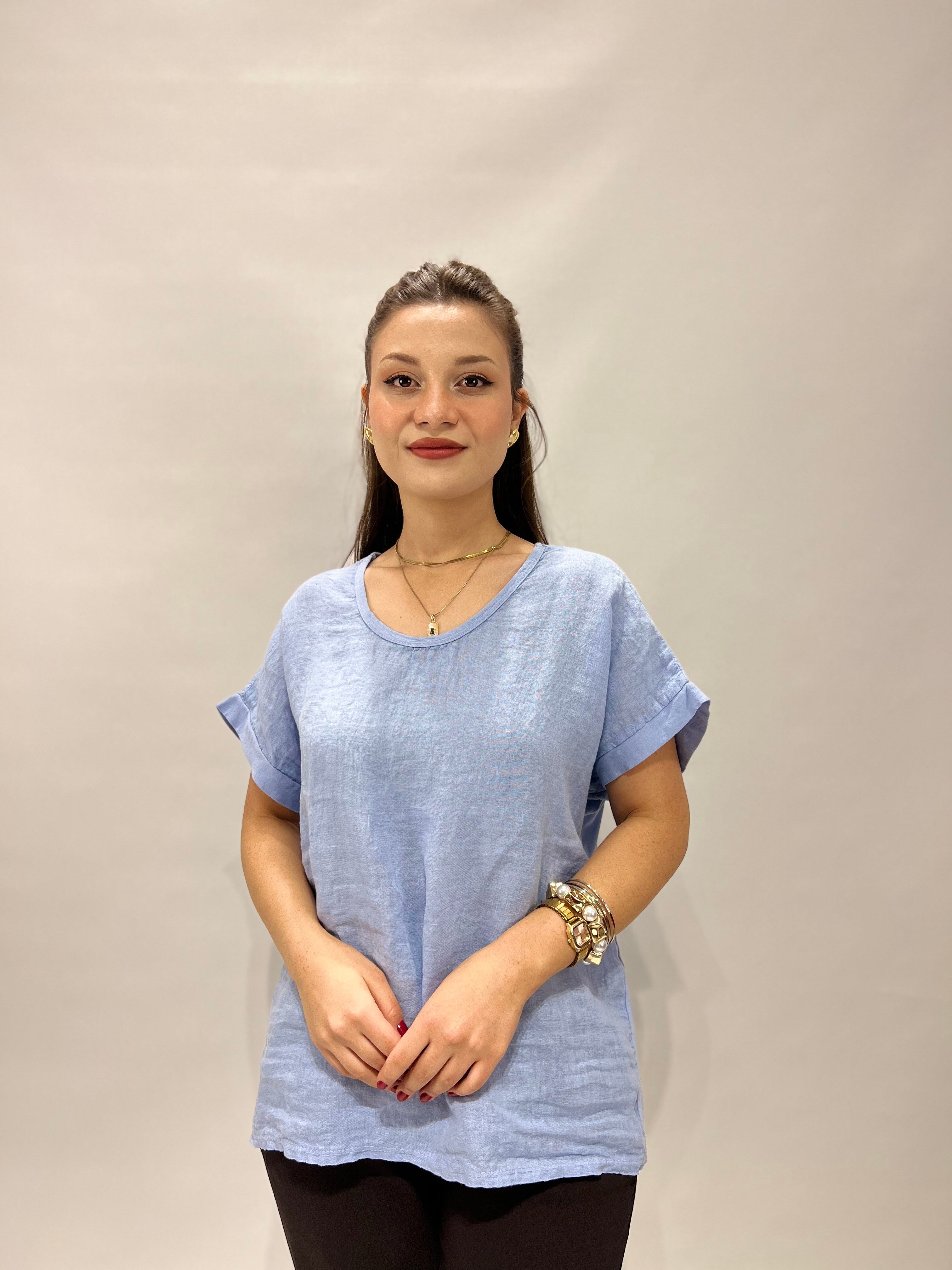 Arkası Dantelli Keten Bluz MAVİ