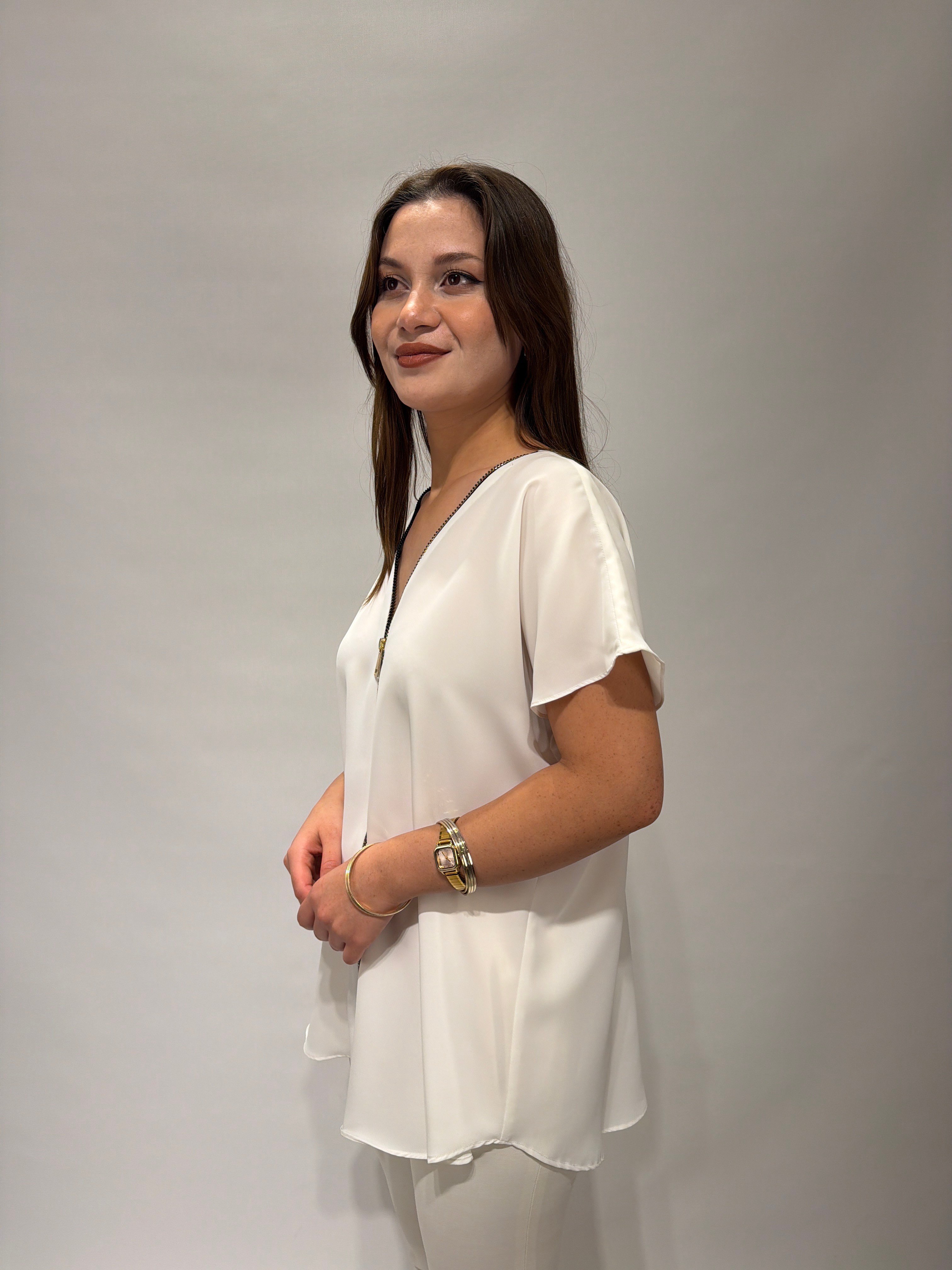 Beyaz Fermuarlı Şifon Bluz 