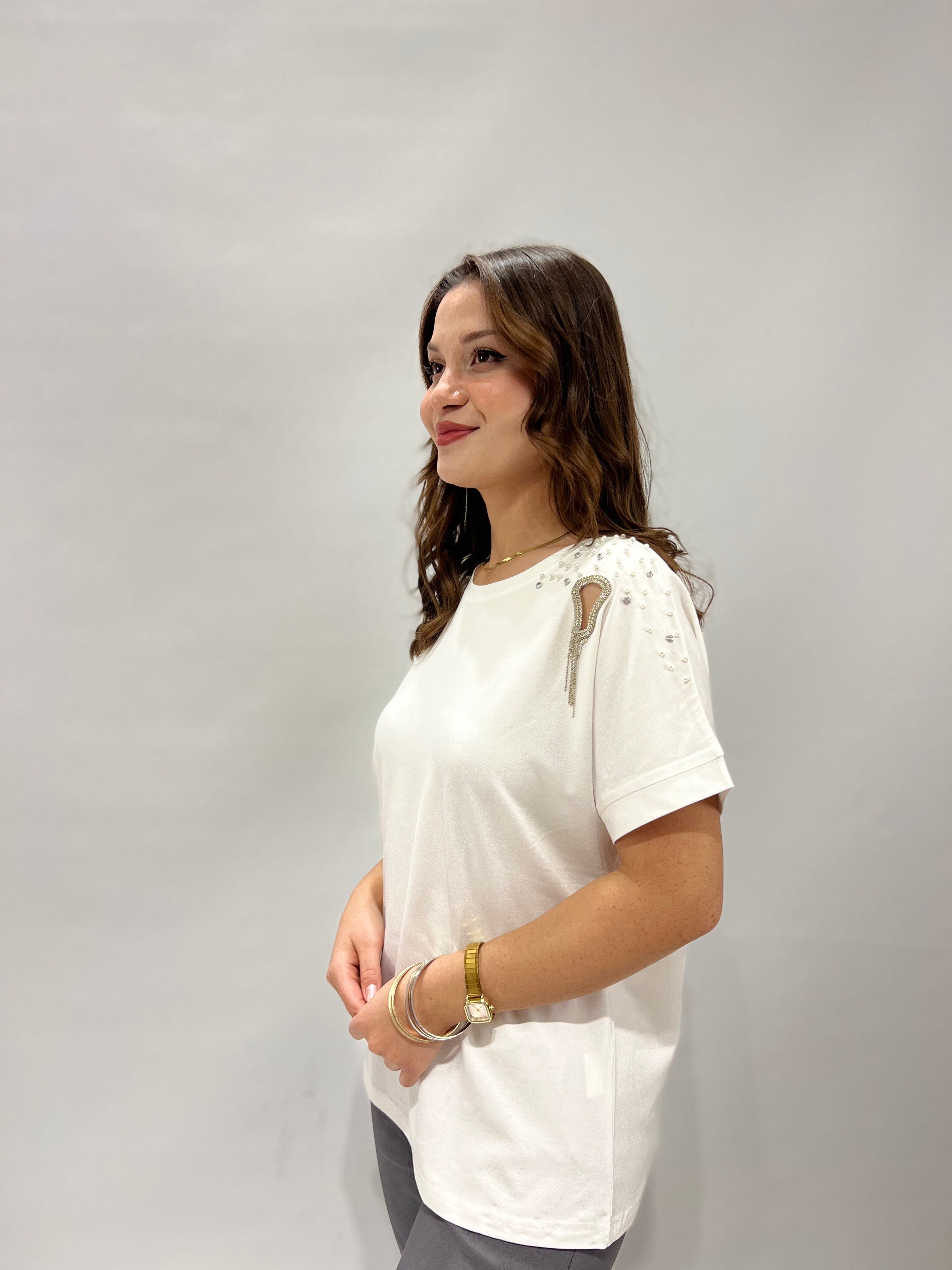 Beyaz Taş Detaylı Bluz 