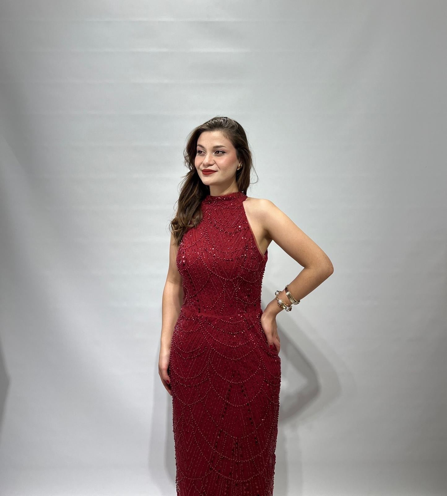 Bordo Halter Yaka Taşlı Uzun Abiye