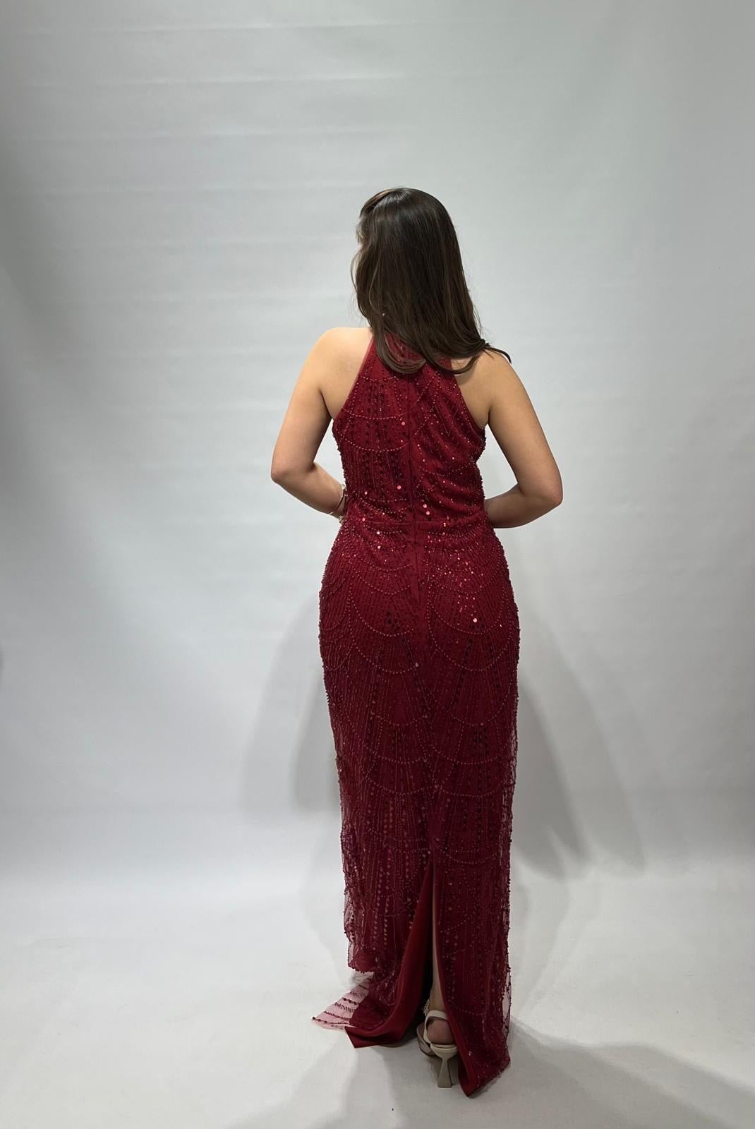 Bordo Halter Yaka Taşlı Uzun Abiye