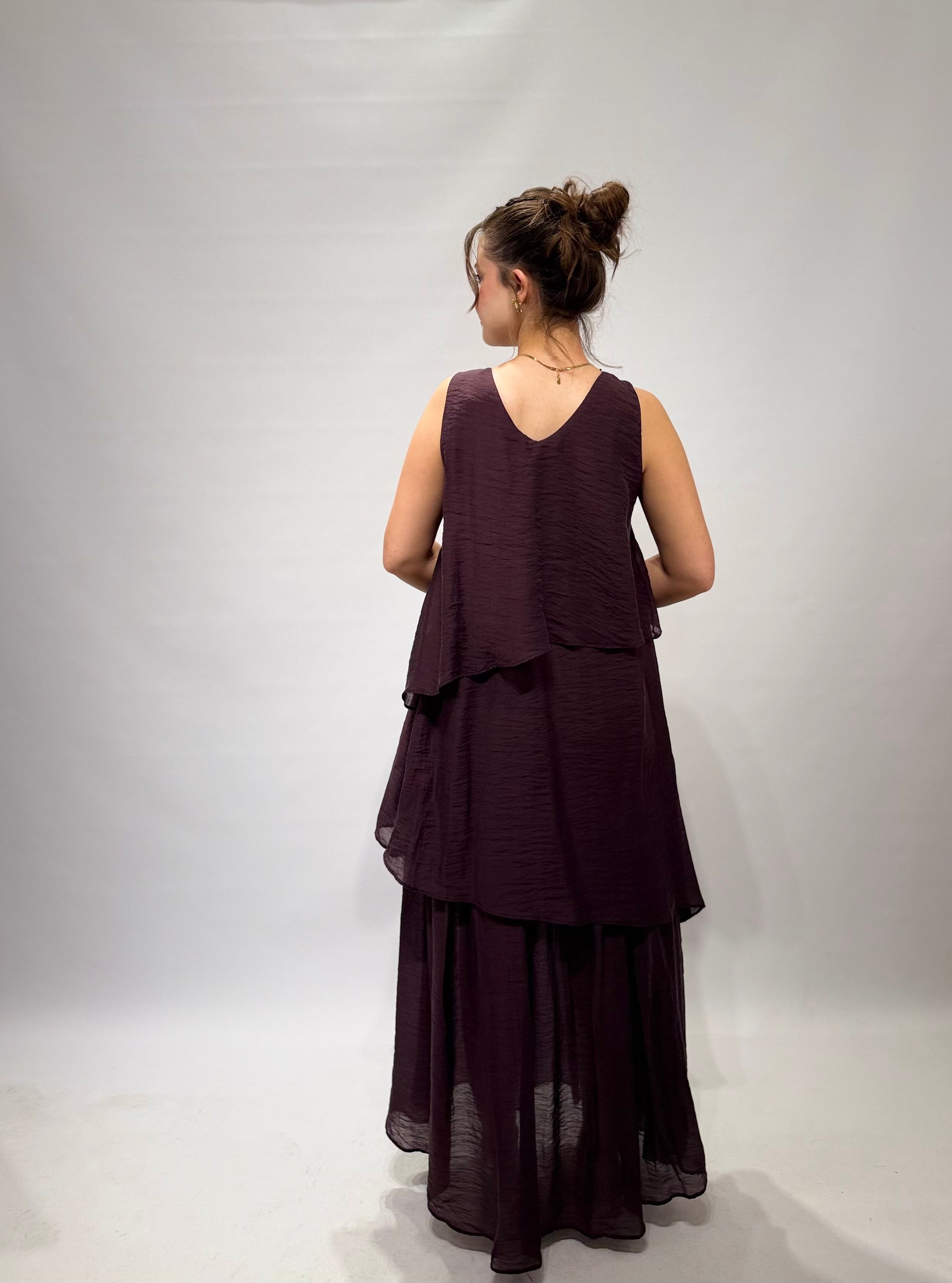 Bordo Katlı Maxi Elbise