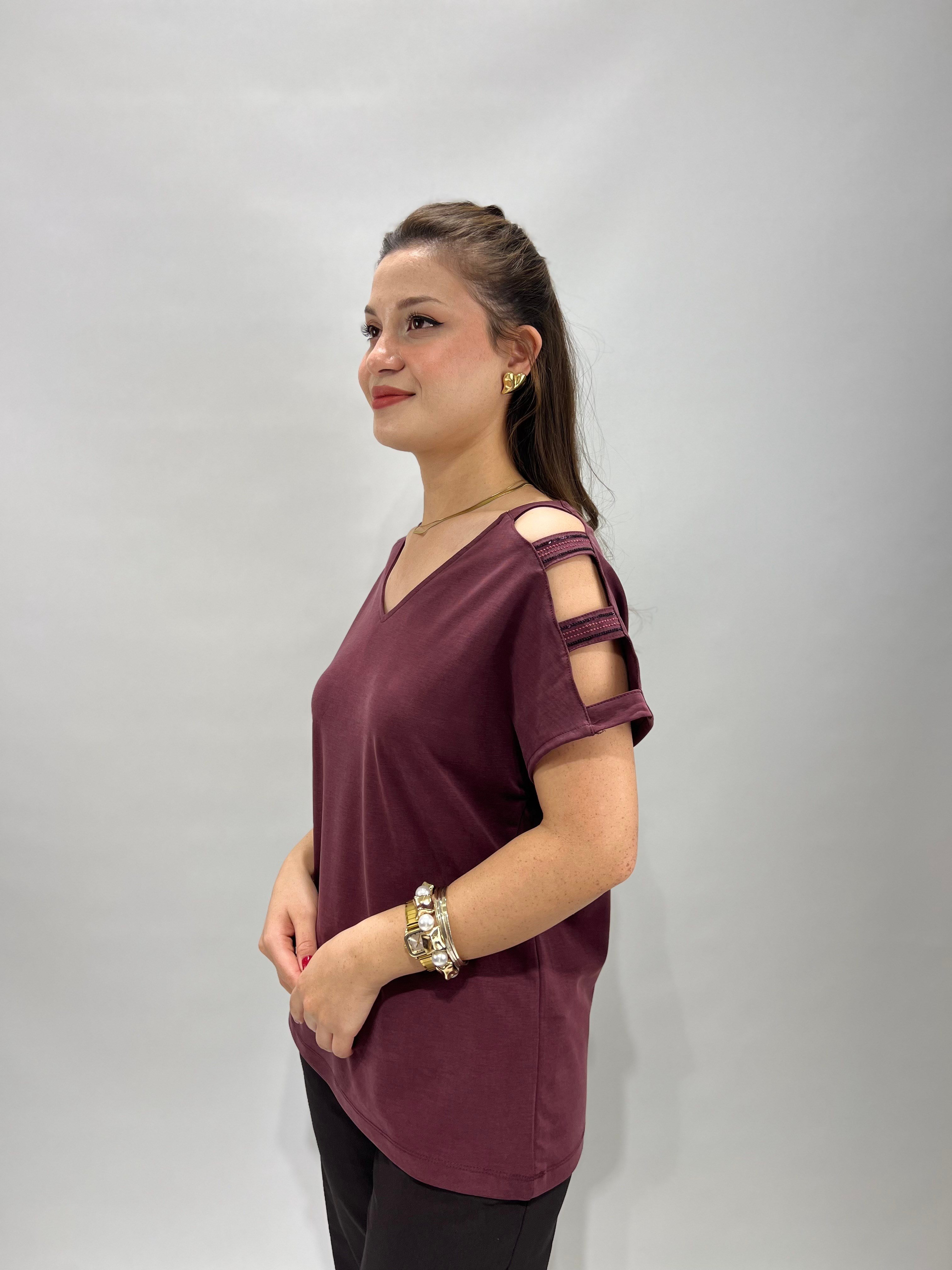 Bordo Kolları Pullu Modal Bluz