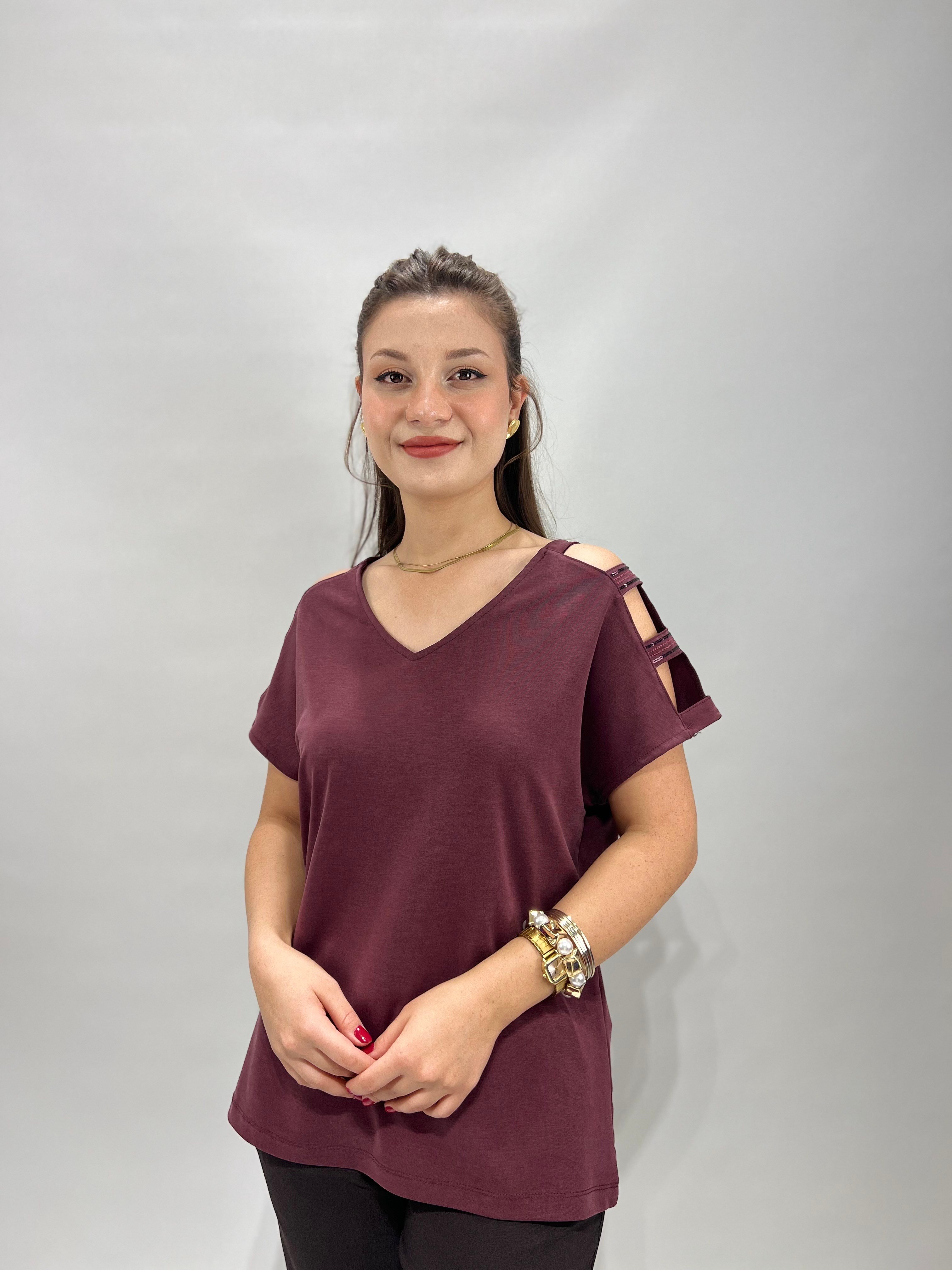 Bordo Kolları Pullu Modal Bluz