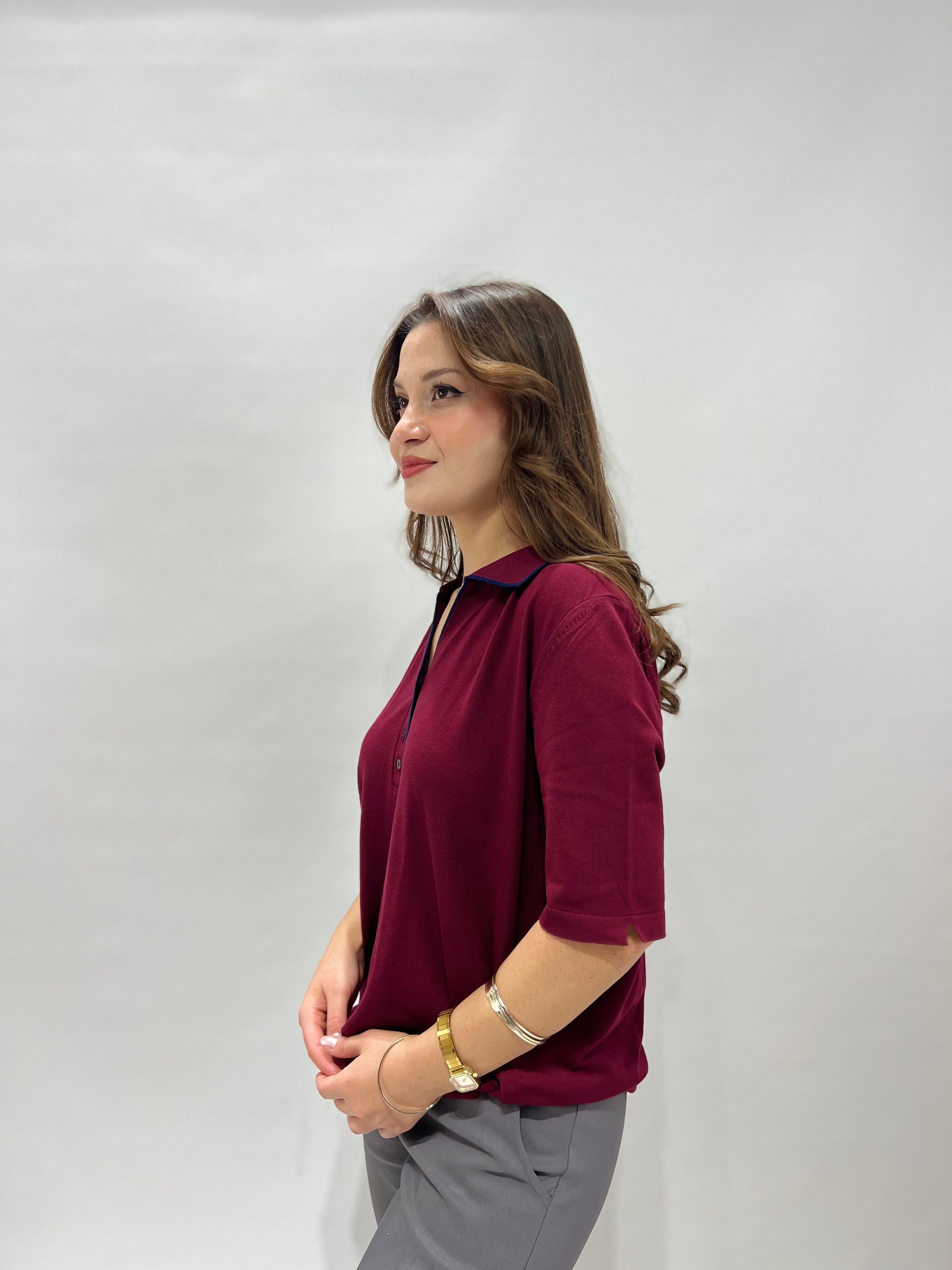 Bordo Lacivert Detaylı Polo Yaka Triko Bluz 