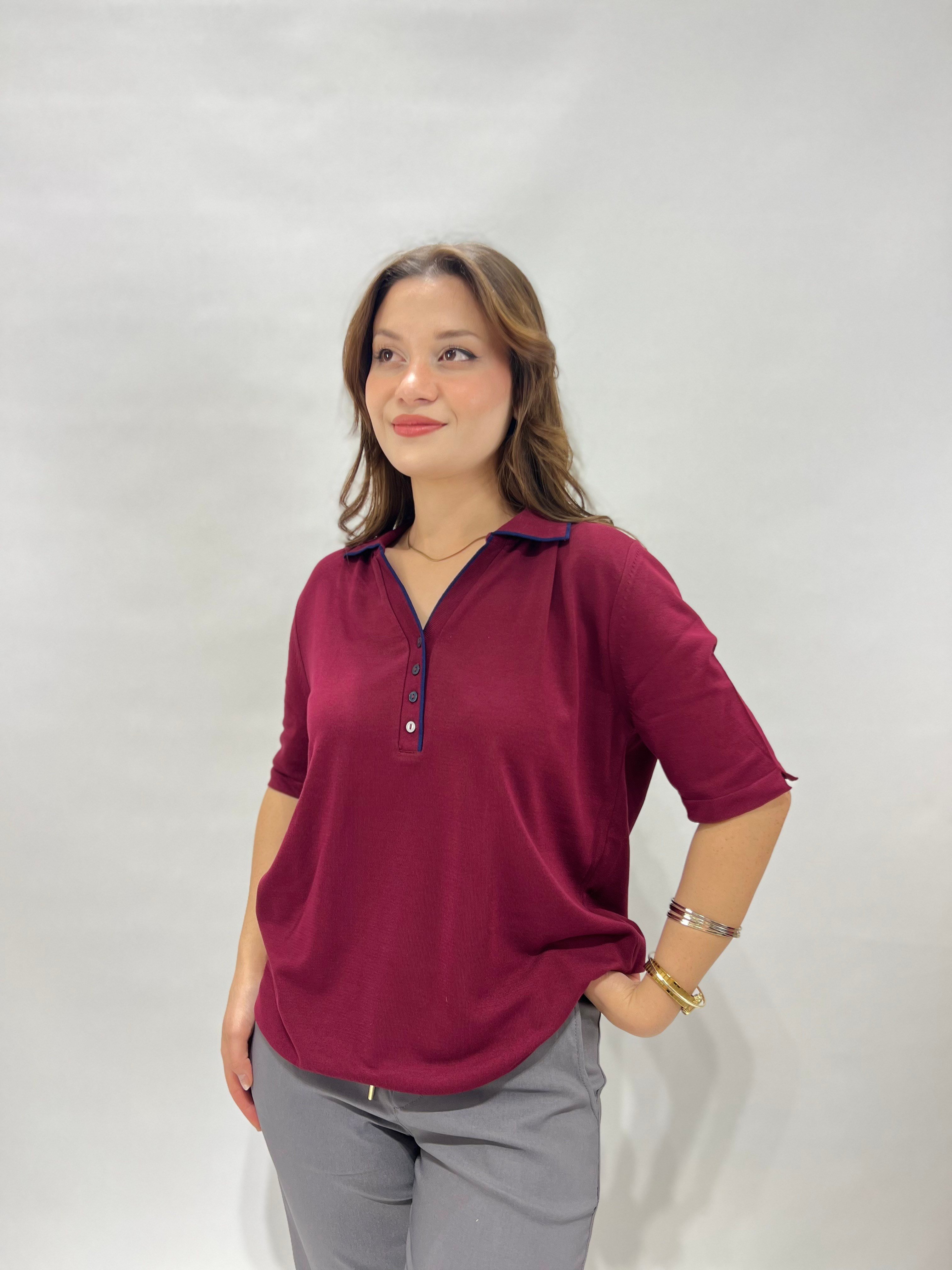 Bordo Lacivert Detaylı Polo Yaka Triko Bluz 
