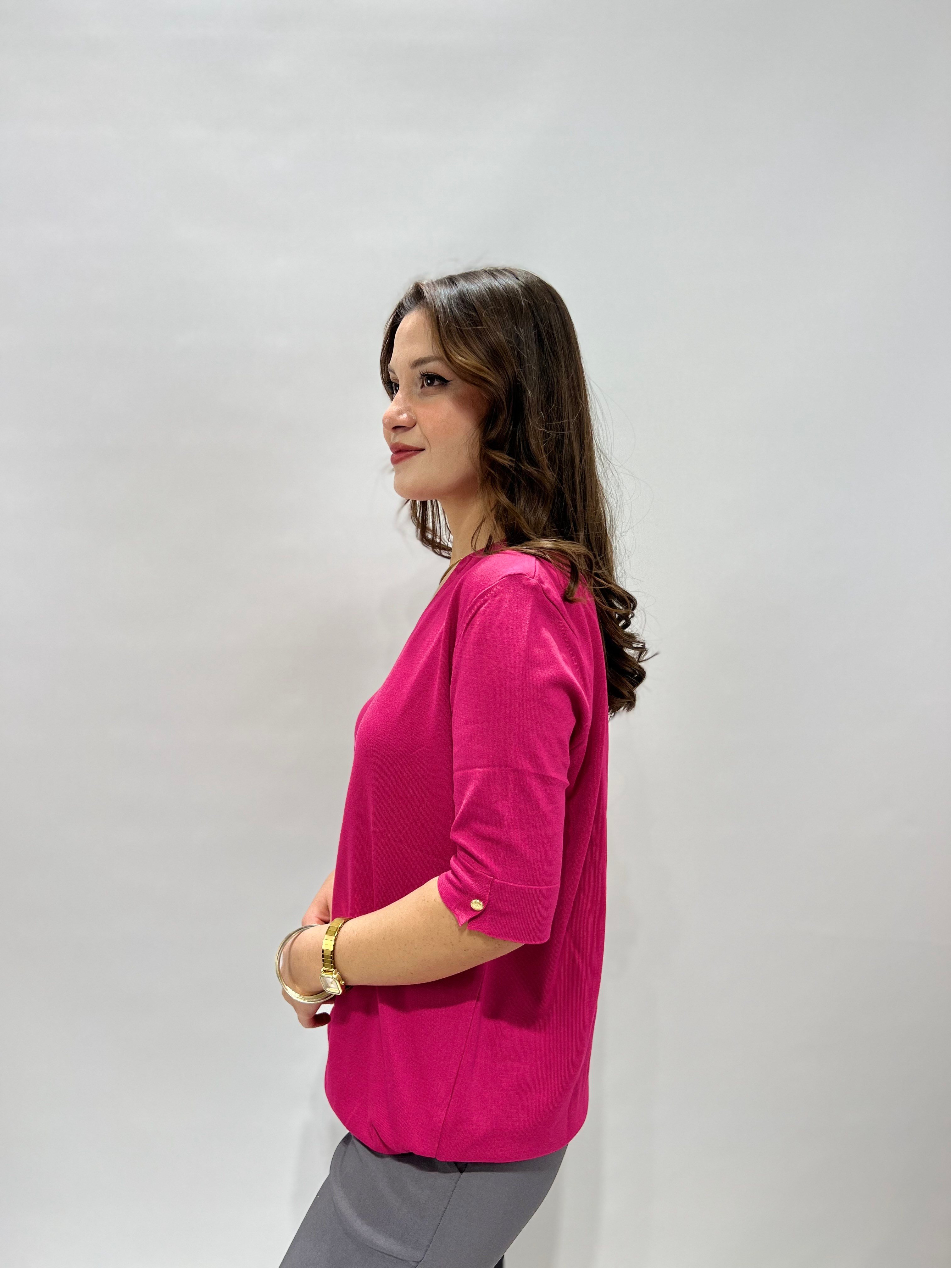 Fuşya  Pembe V Yaka Kısa Kol Triko Bluz