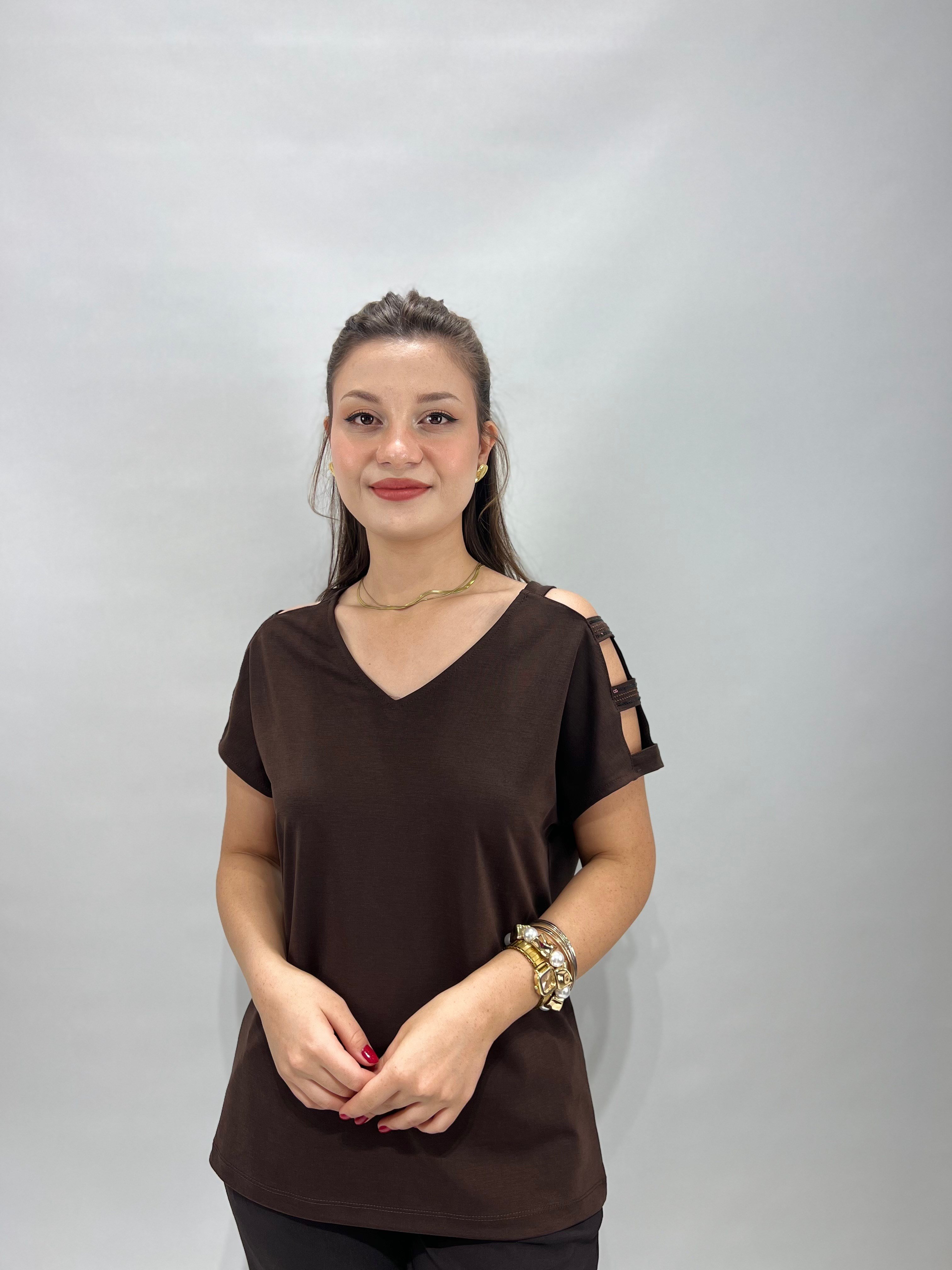 Kahverengi Kolları Pullu Modal Bluz