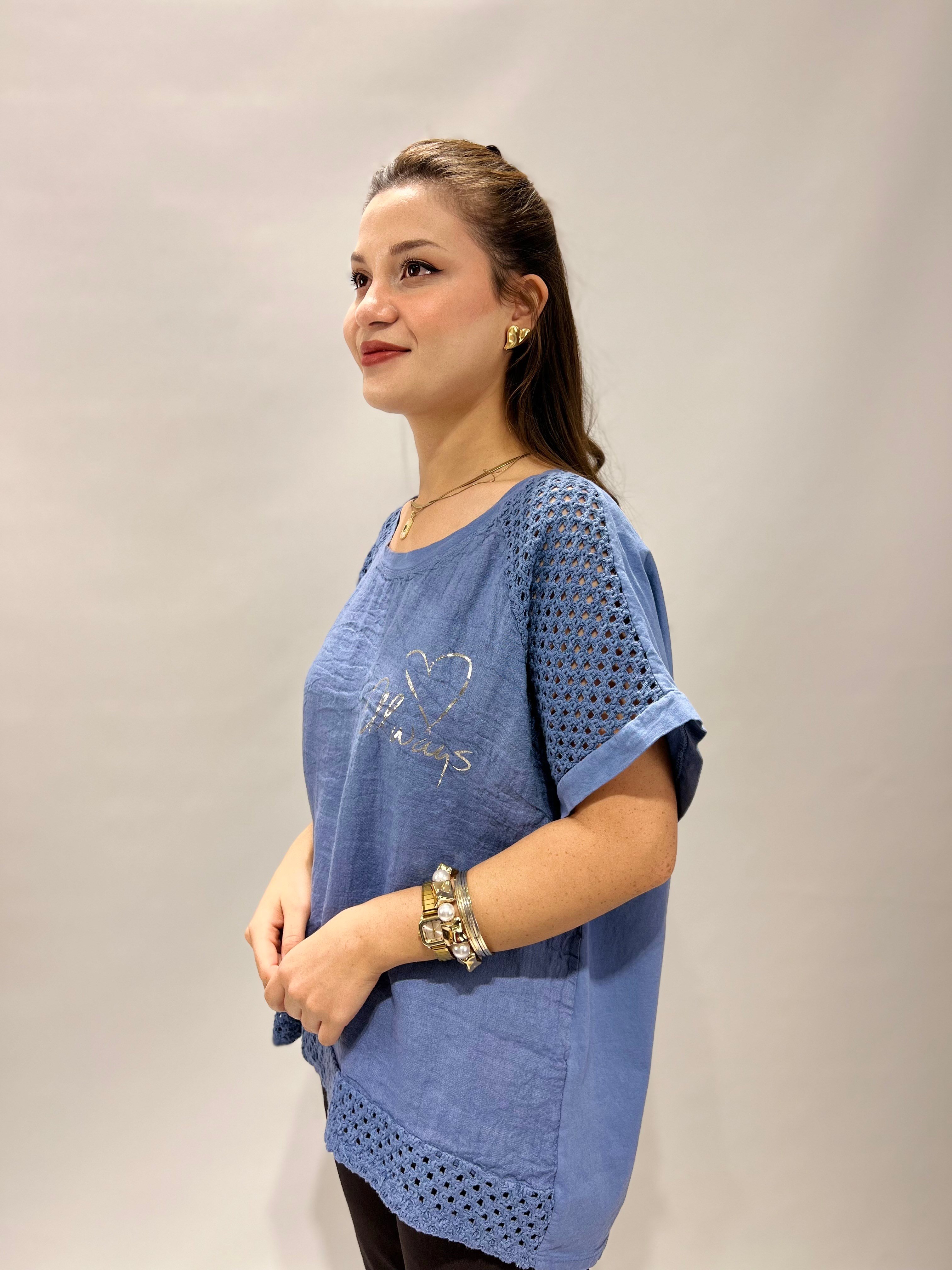 Kalp Detaylı Keten Bluz MAVİ