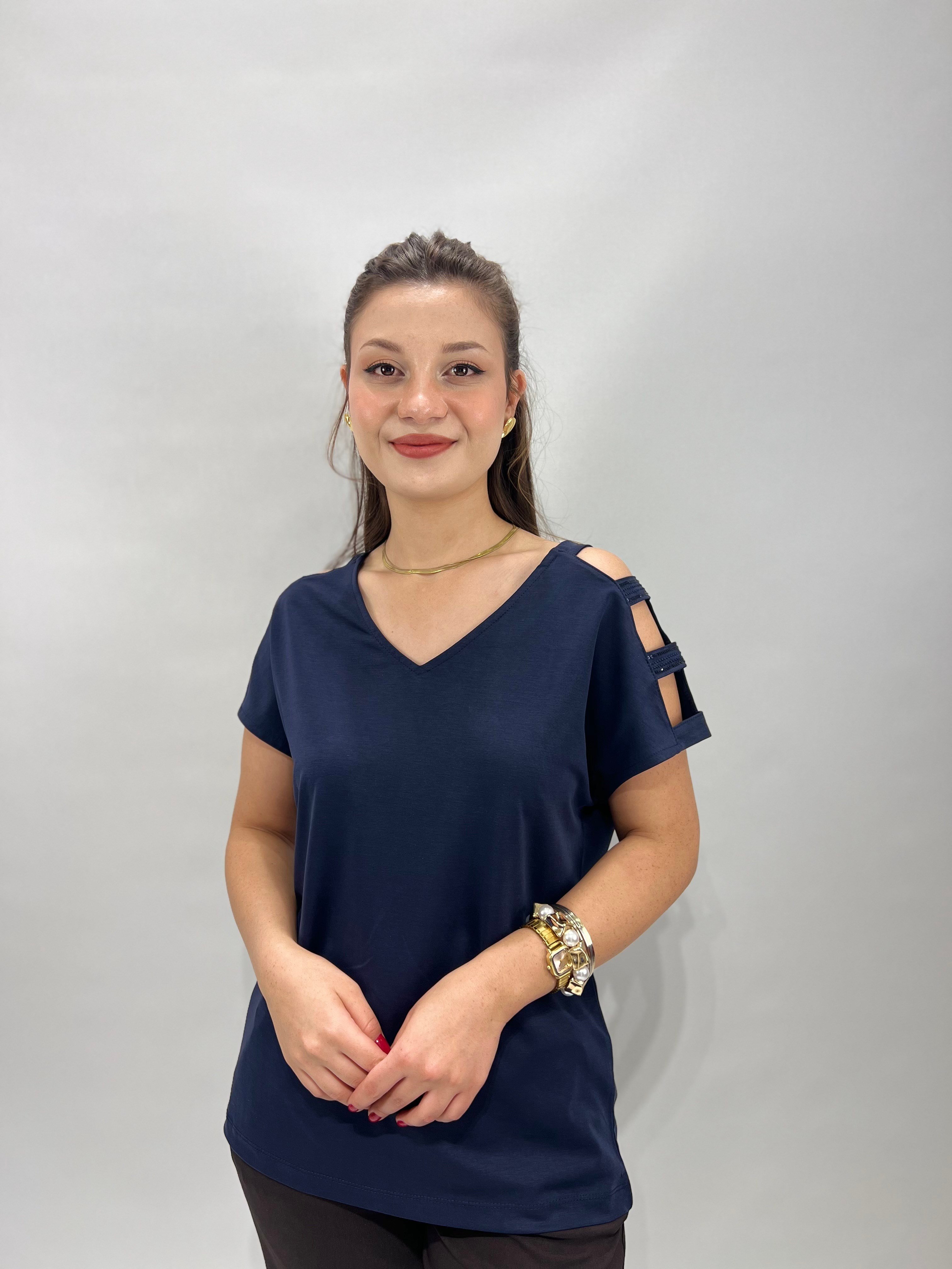 Lacivert Kolları Pullu Modal Bluz