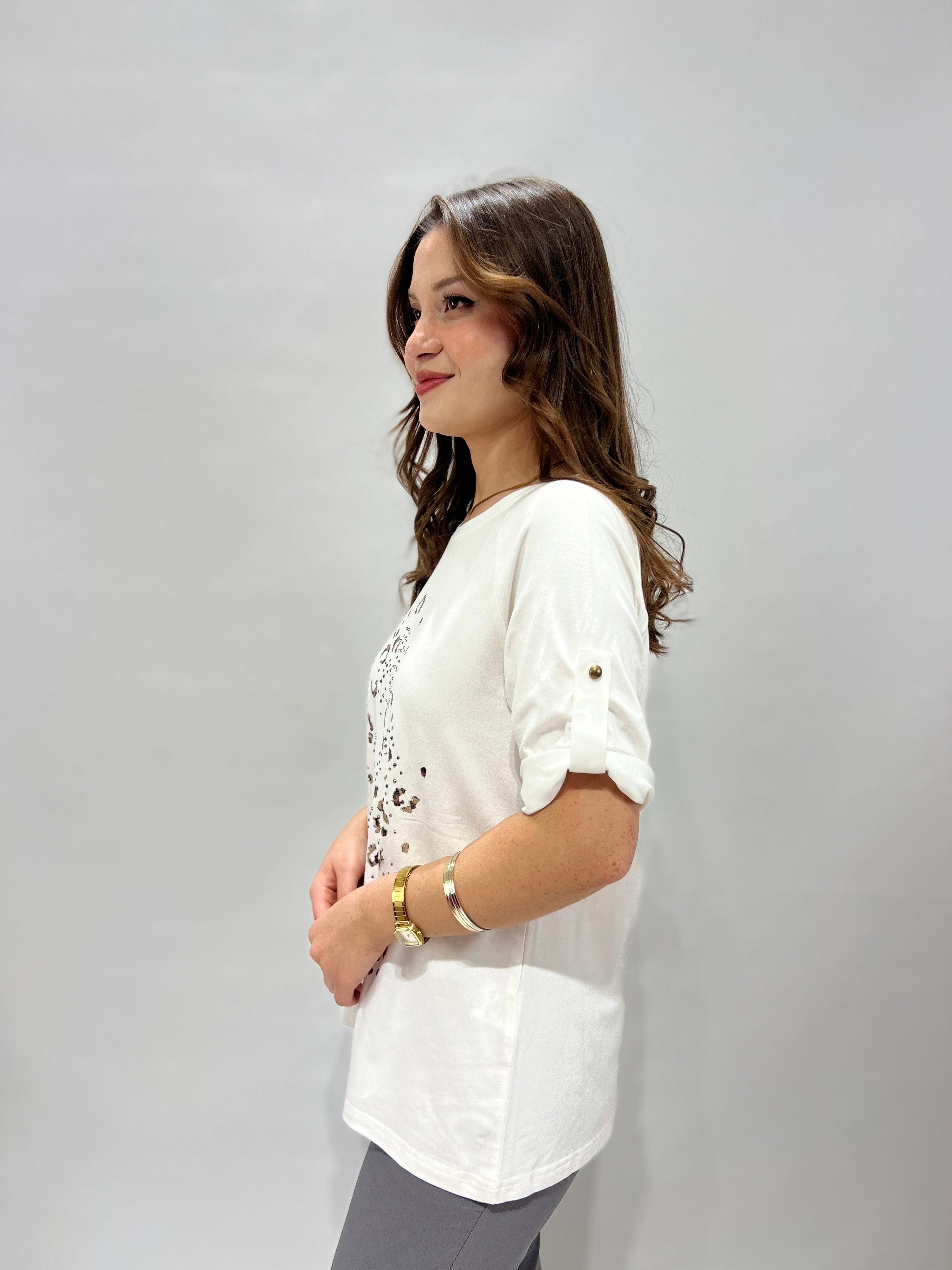 Leopar Detaylı Beyaz Bluz
