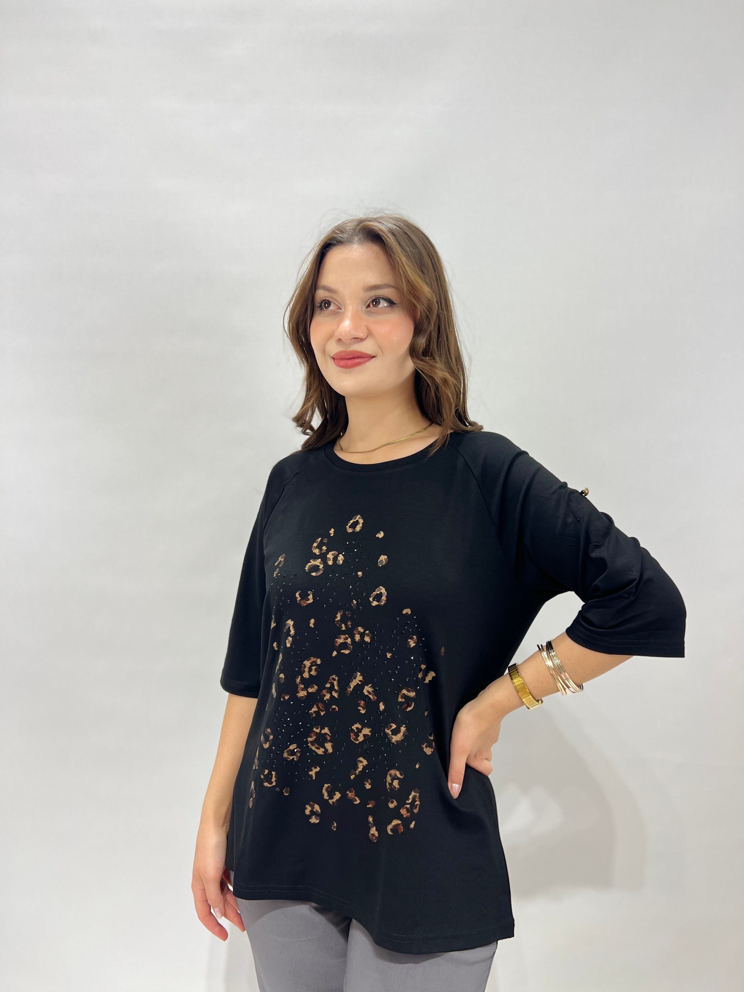 Leopar Detaylı Siyah Bluz