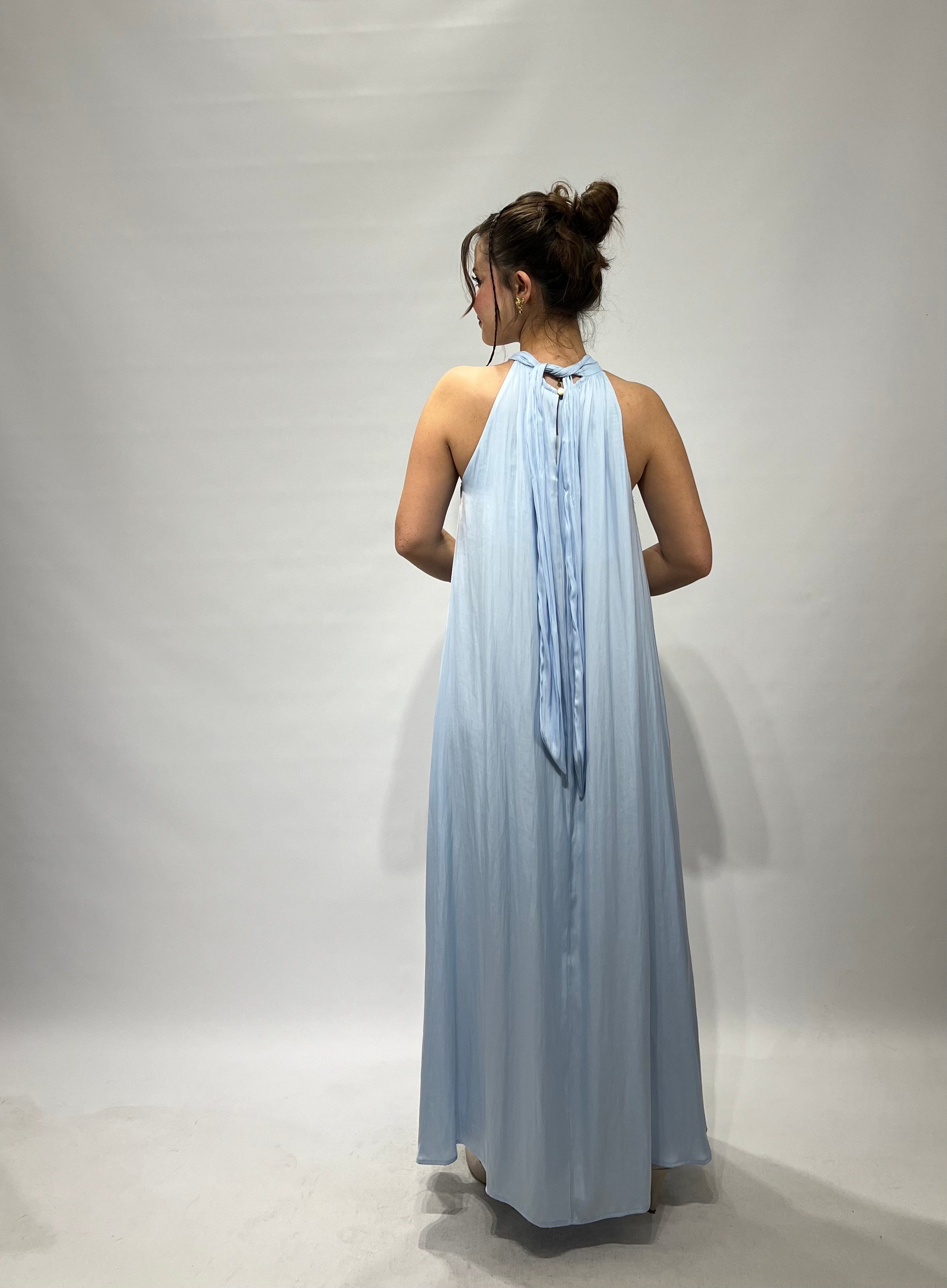 Mavi Halter Yaka Saten Elbise