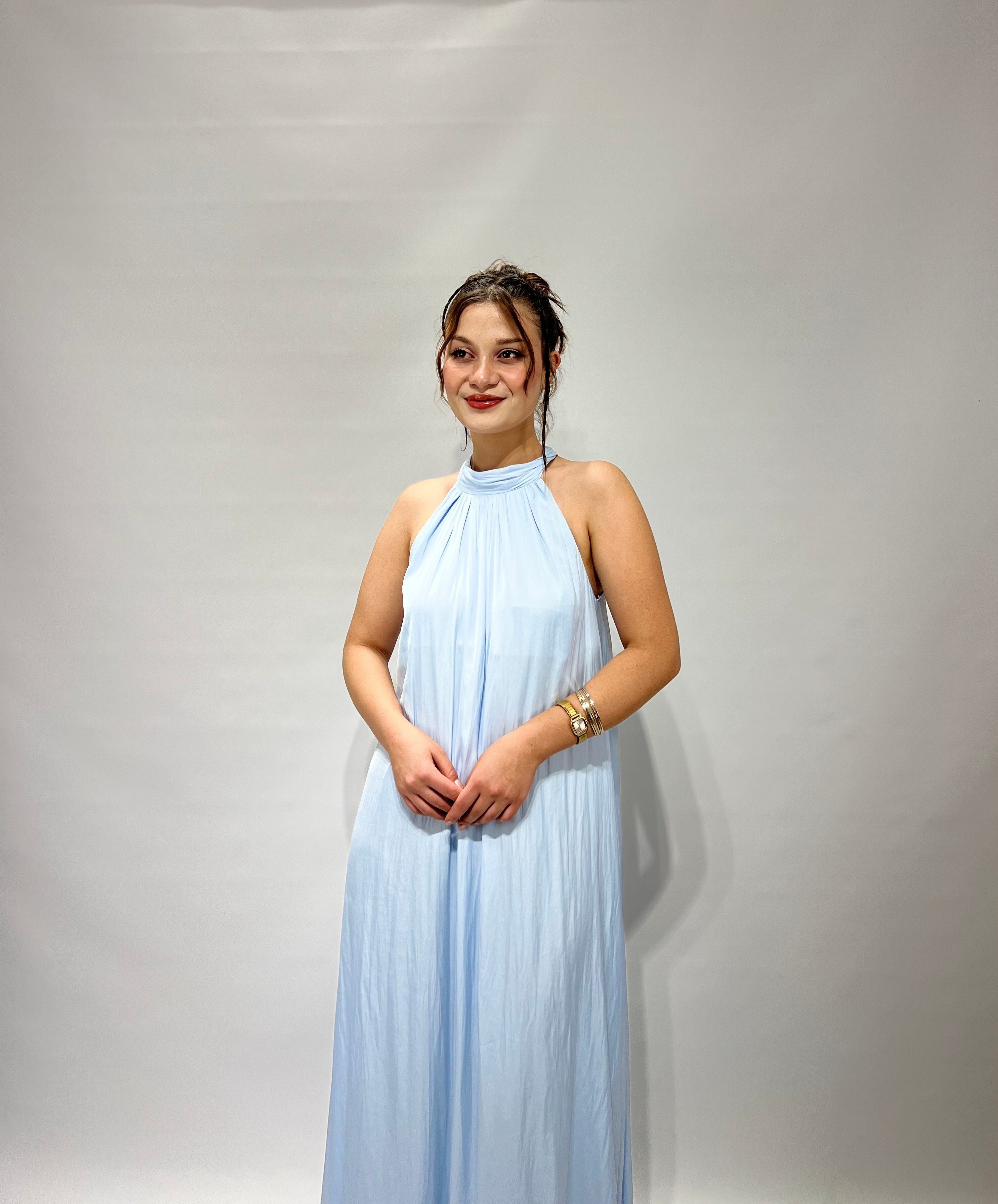 Mavi Halter Yaka Saten Elbise