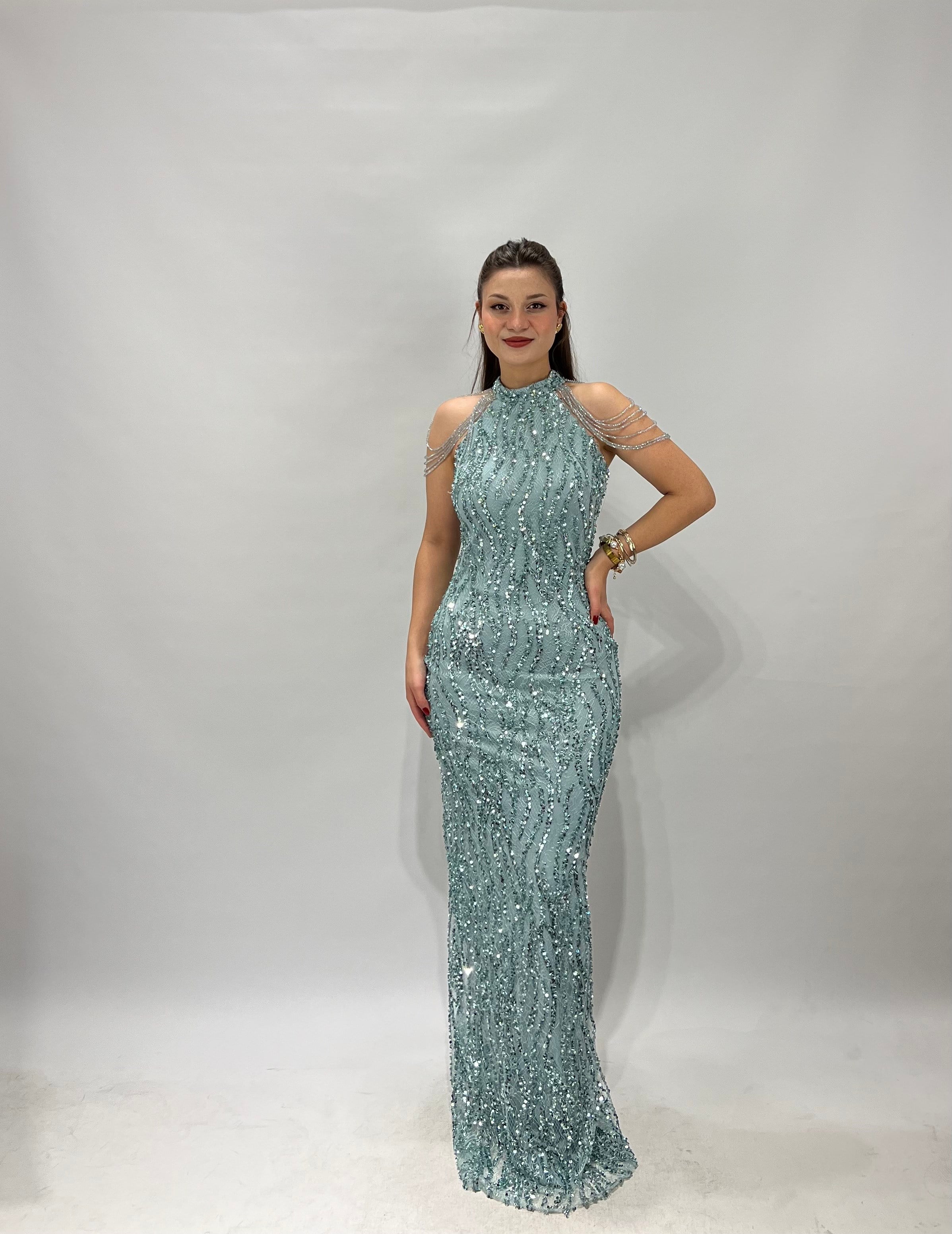 Mint Yeşili Halter Yaka Kolları Boncuk Elbise