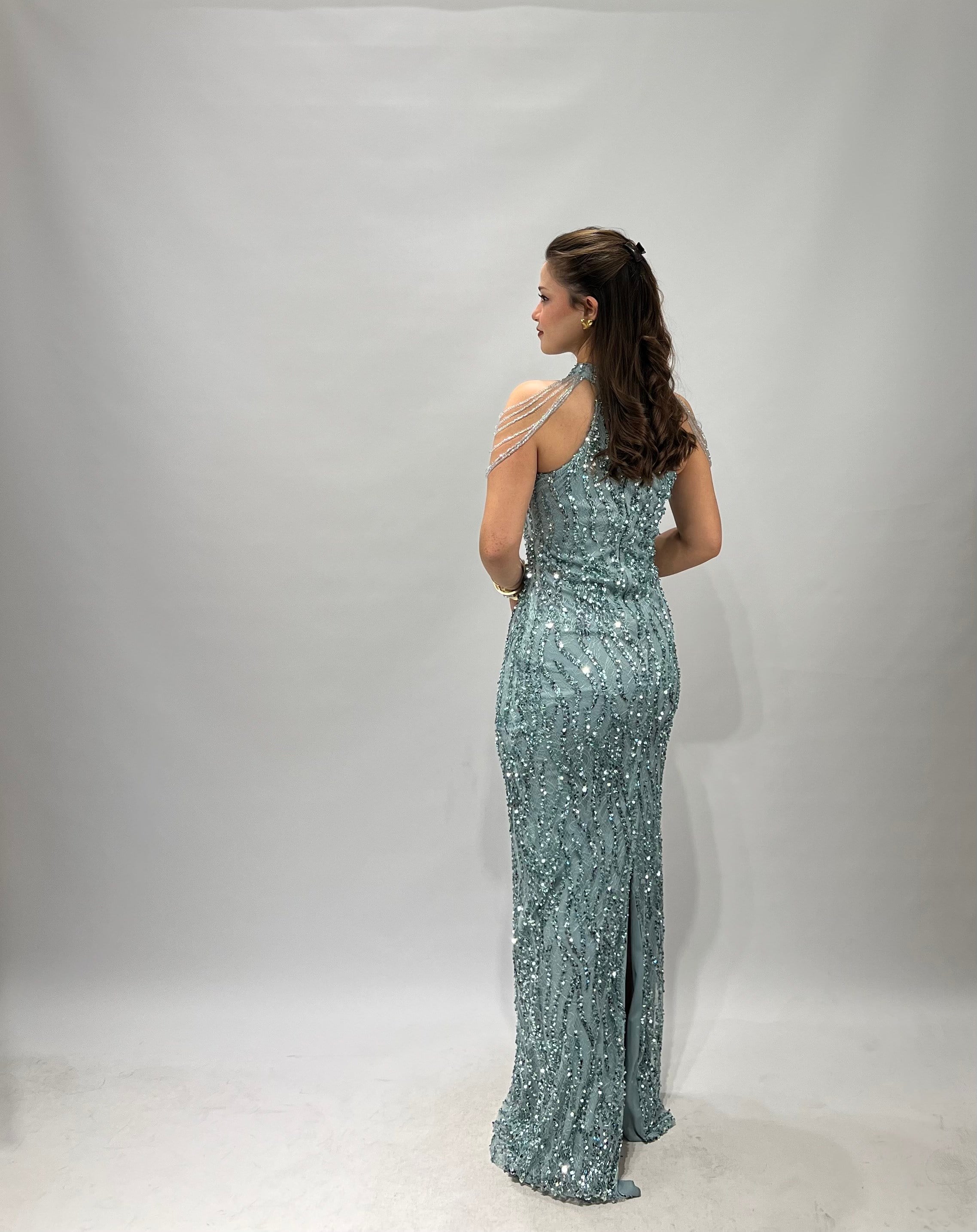 Mint Yeşili Halter Yaka Kolları Boncuk Elbise