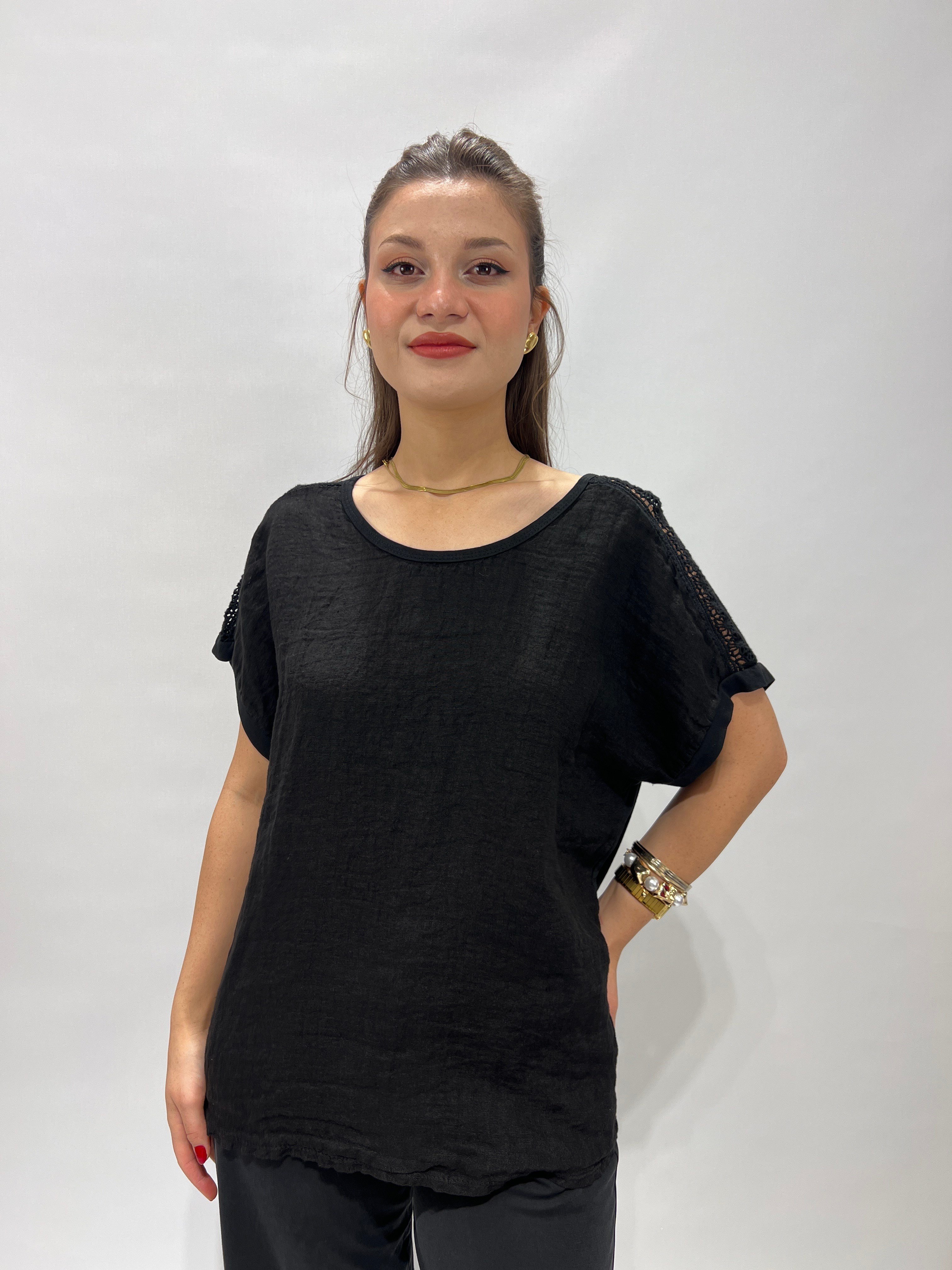 Omzu Dantel Detaylı Keten Bluz SİYAH
