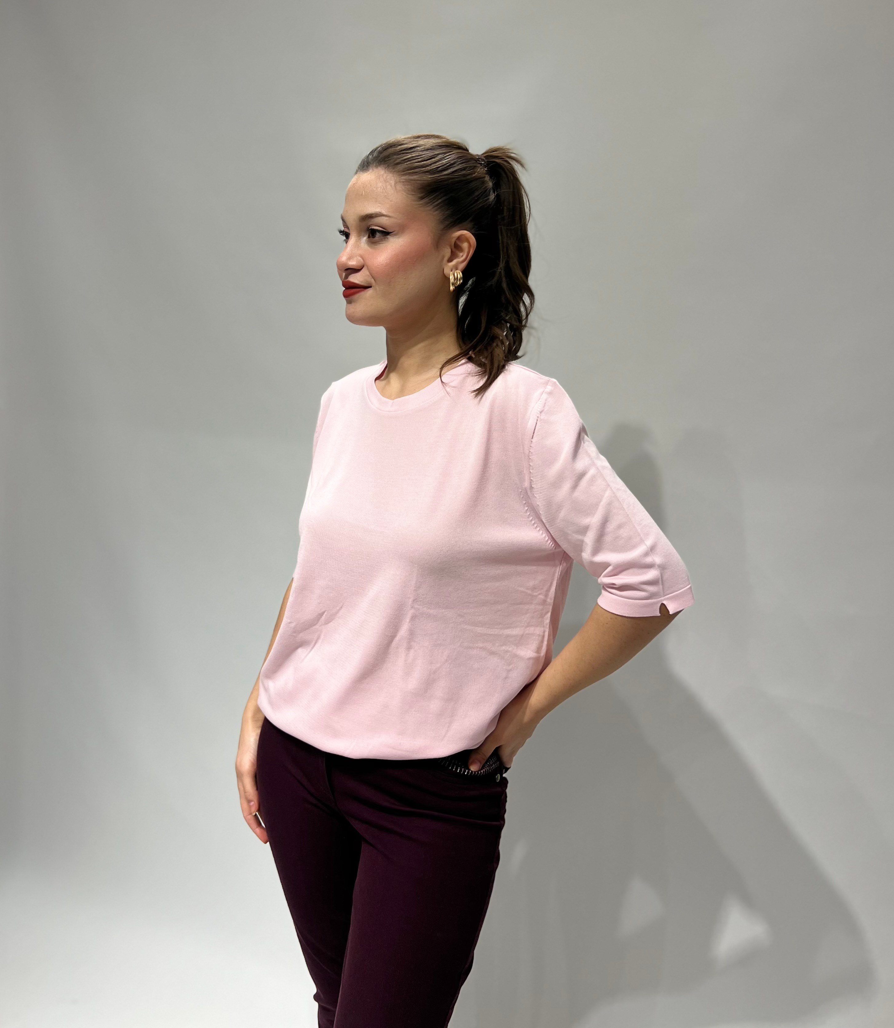 Pembe Yuvarlak Yaka Triko Bluz
