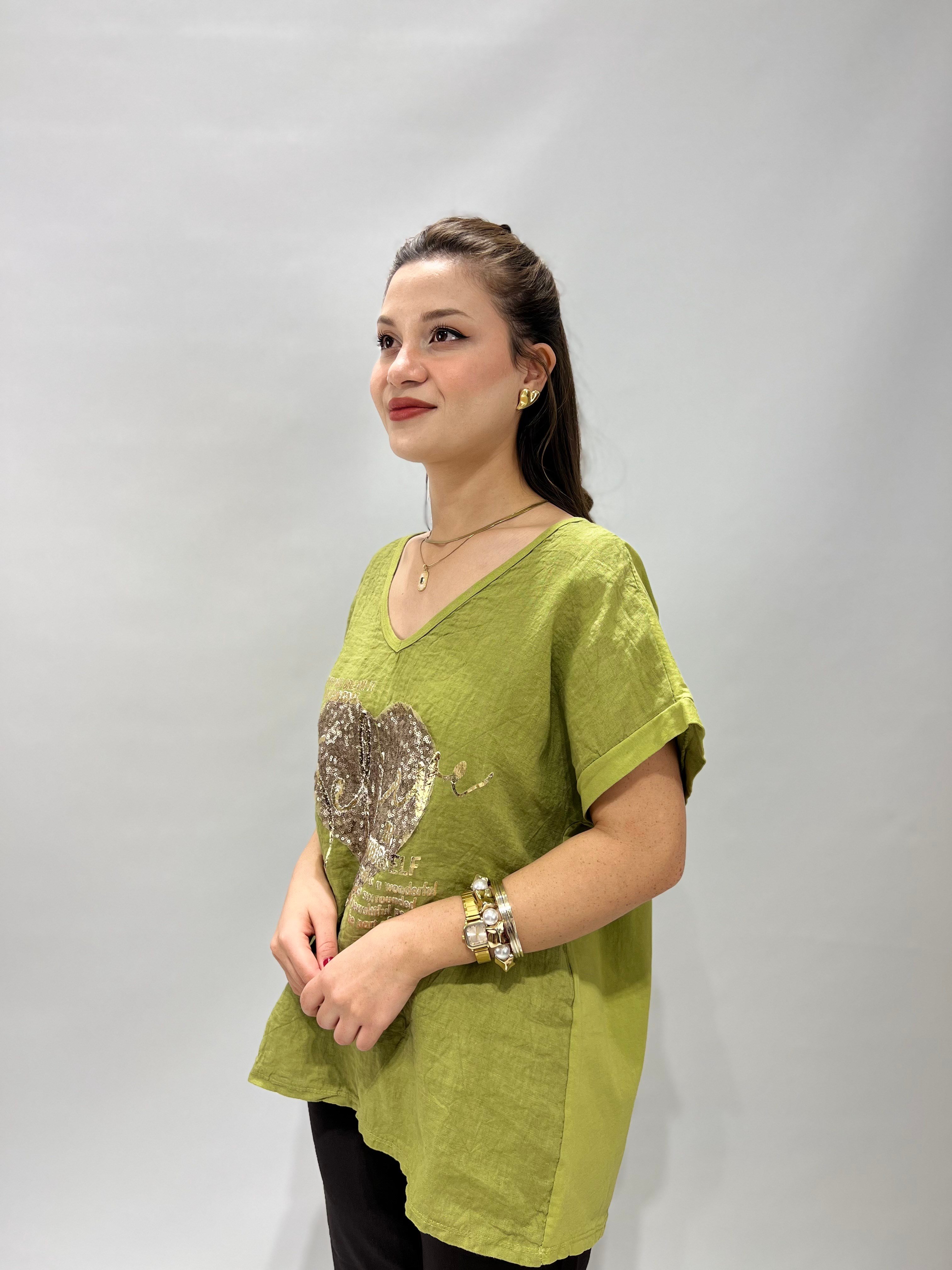 Pullu Keten Bluz FISTIK YEŞİLİ