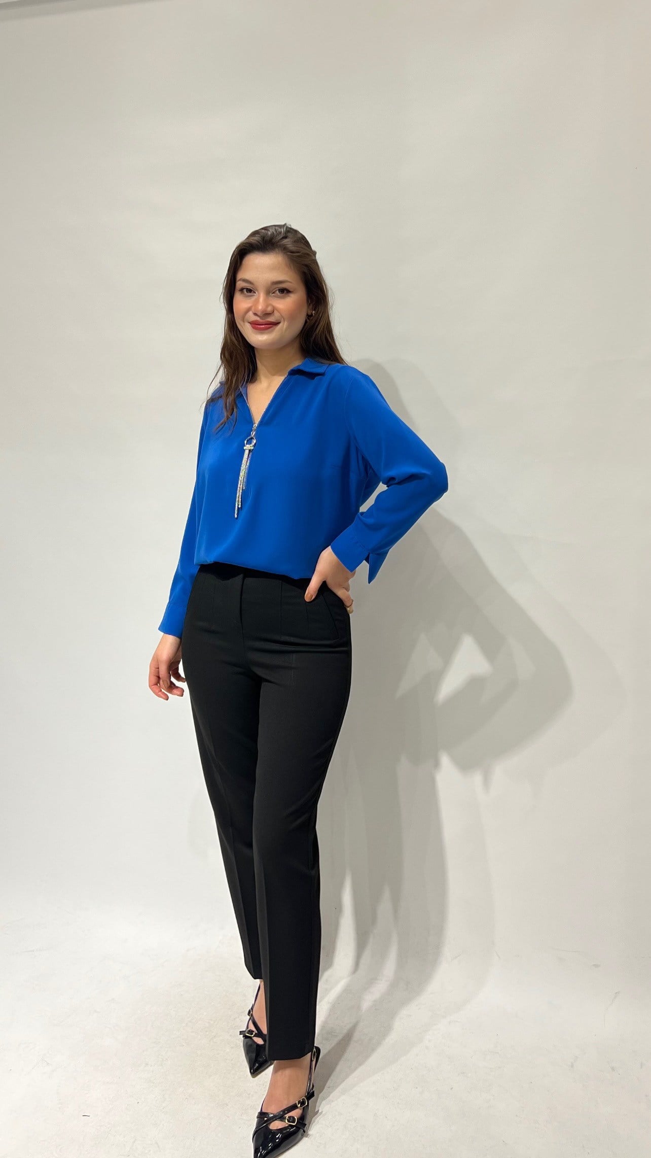 Saks Mavi Fermuarlı Bluz