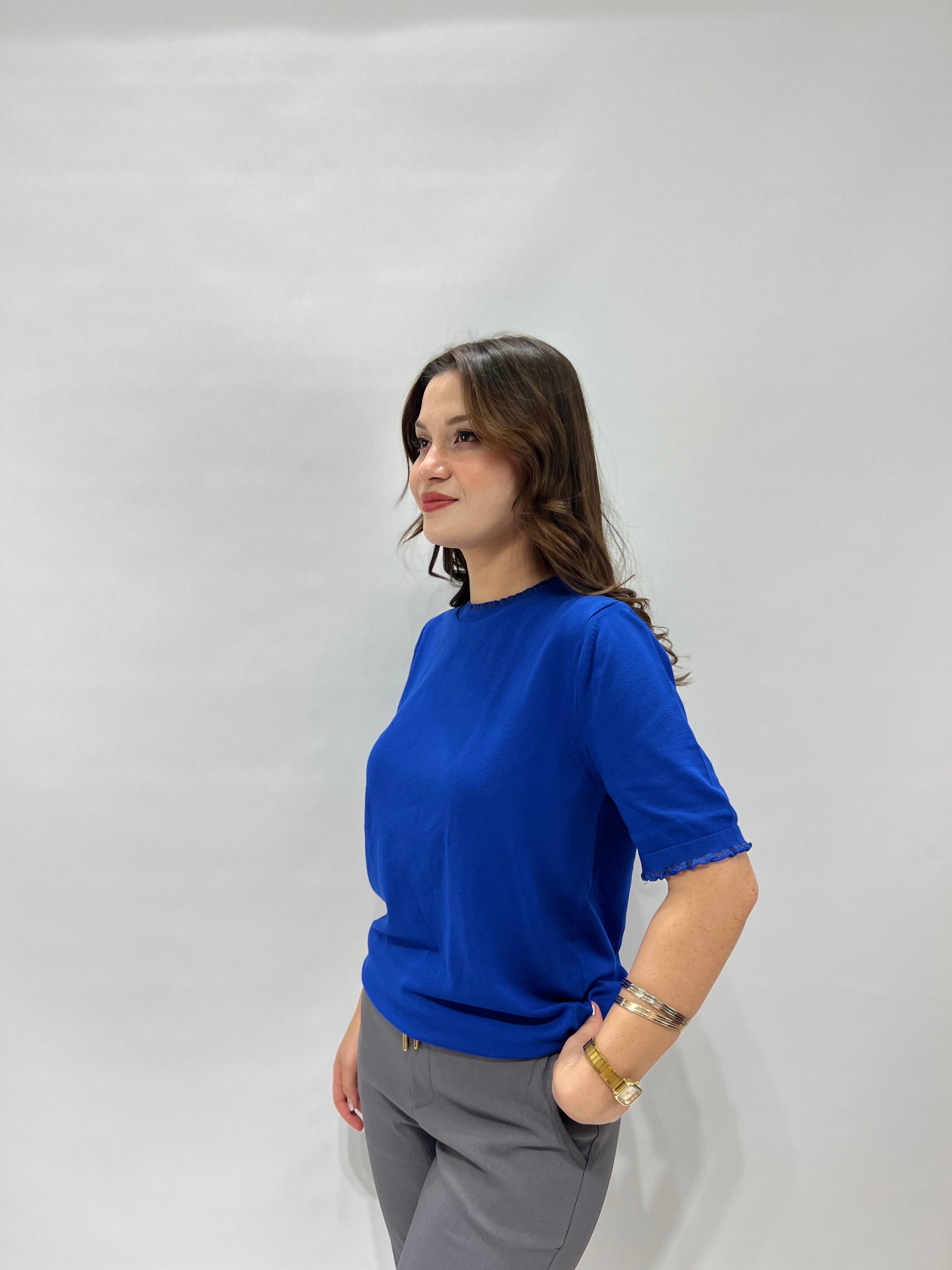 Saks Mavi Kolları Fırfır Detaylı Triko Bluz