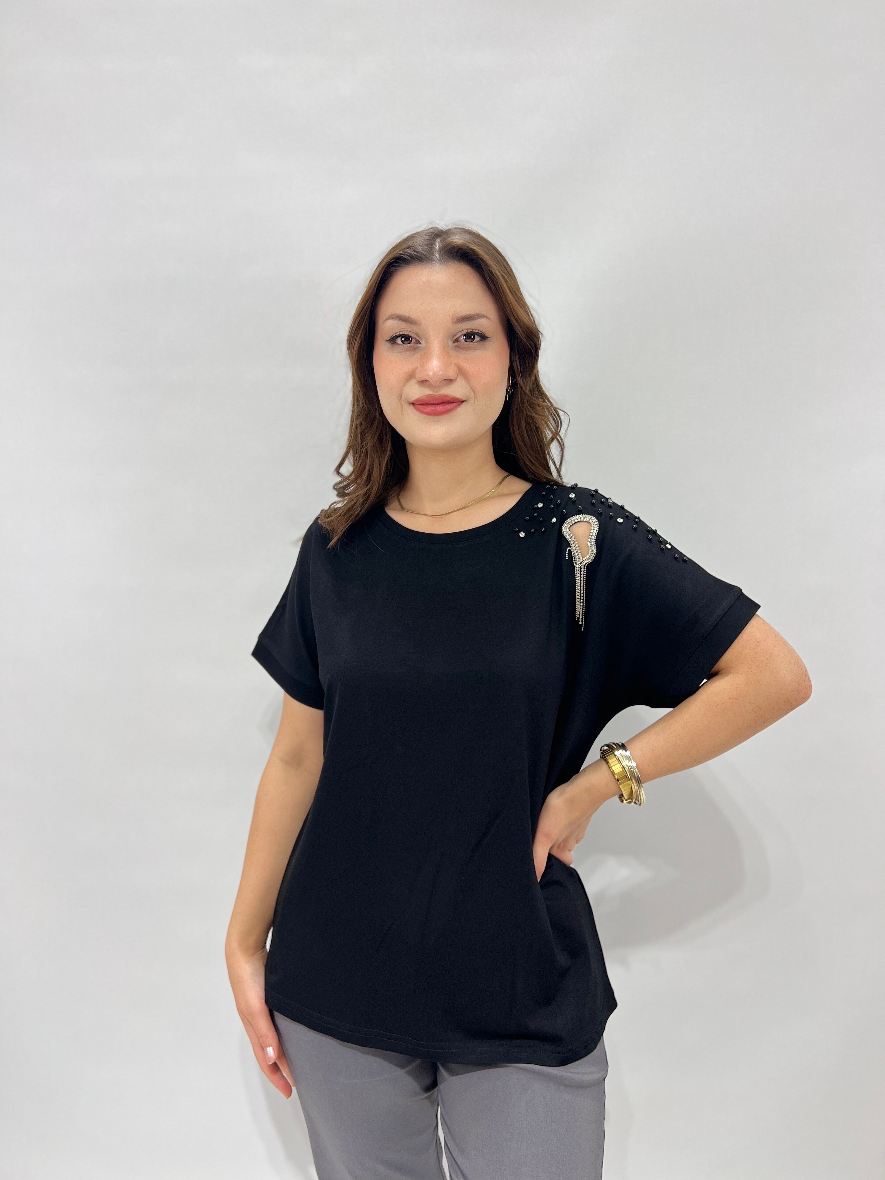 Siyah Taş Detaylı Bluz 