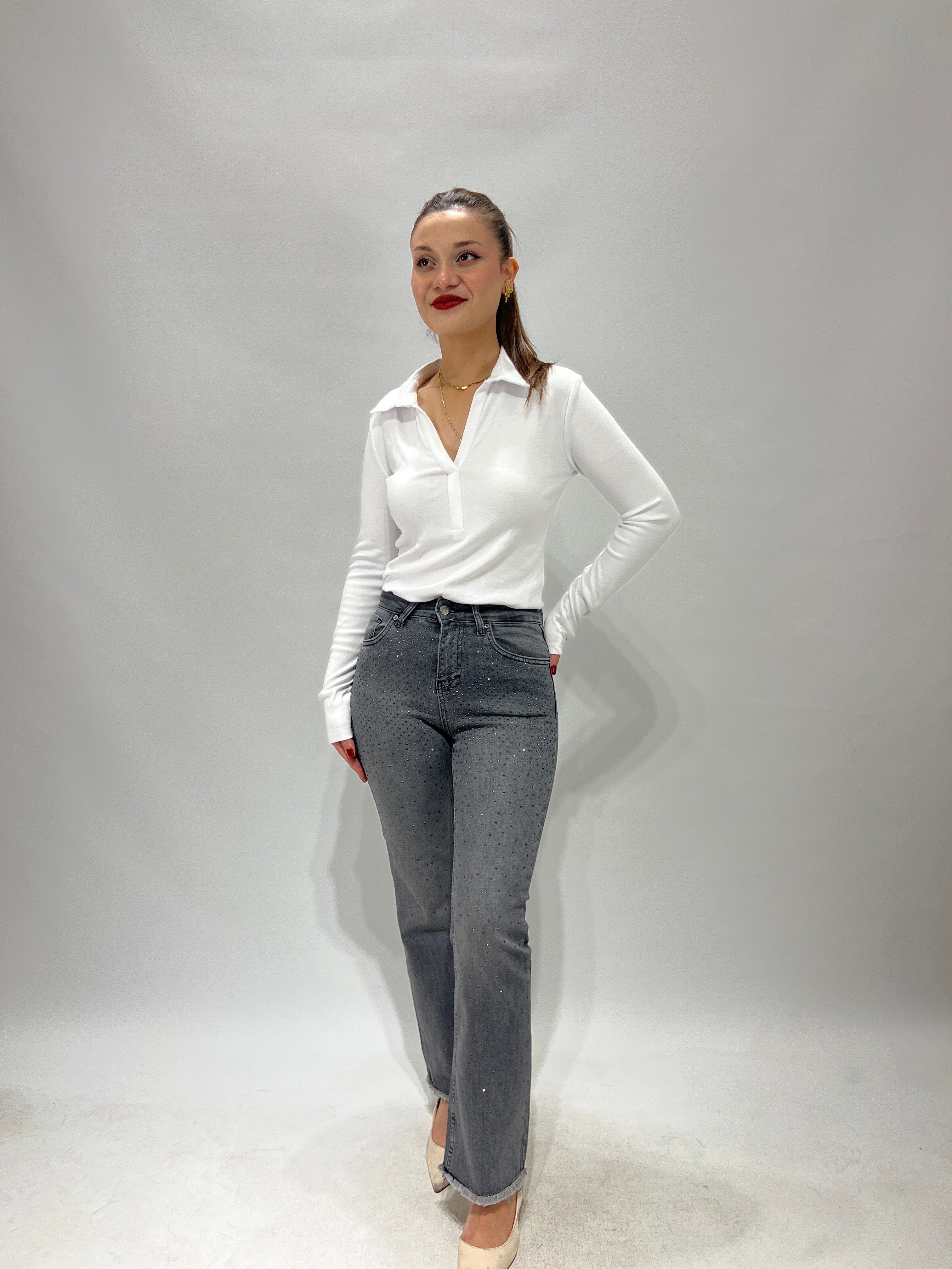 Taşlı Antrasit Mini Flare Jean