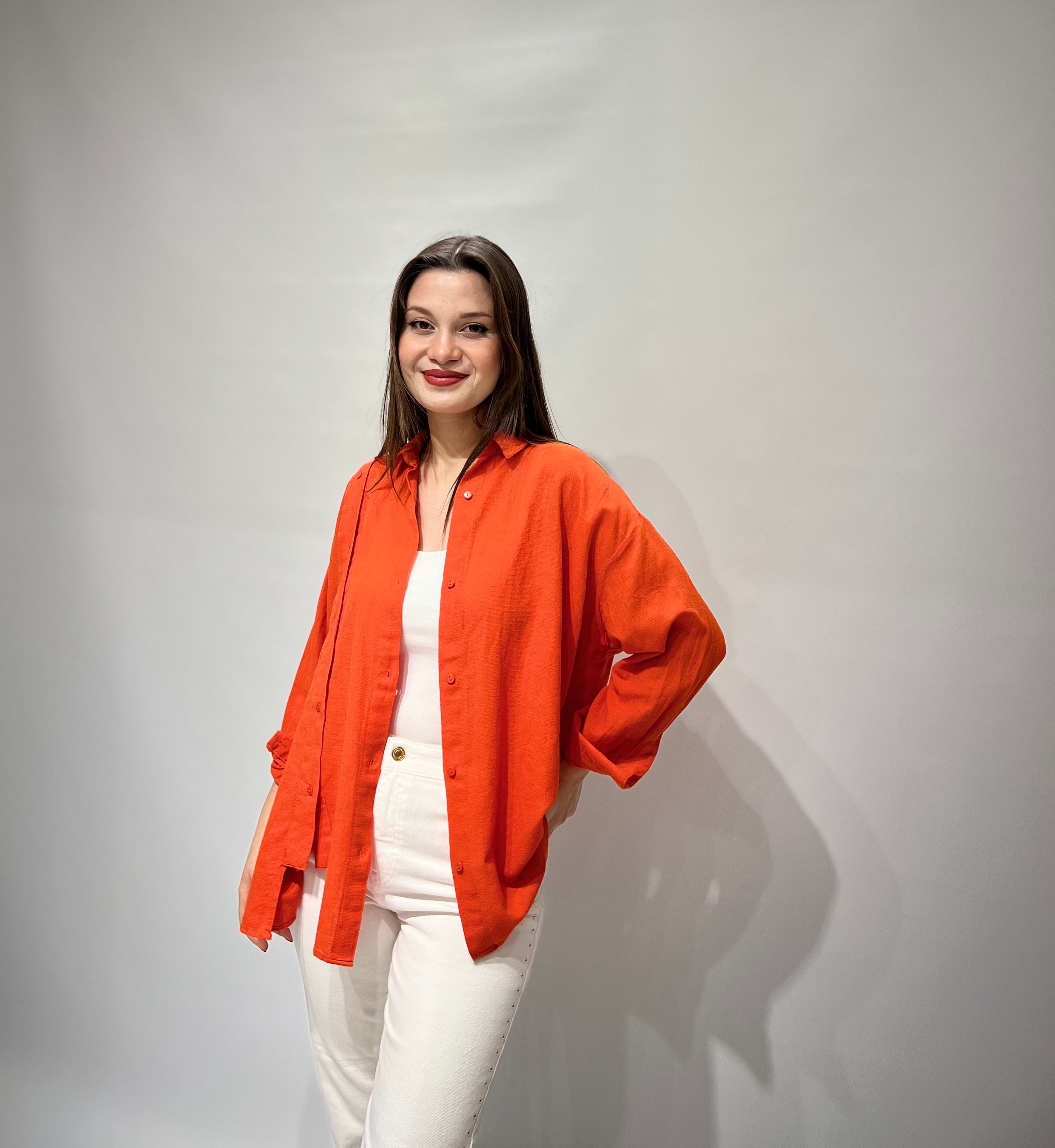 Turuncu Asimetrik Oversize Gömlek