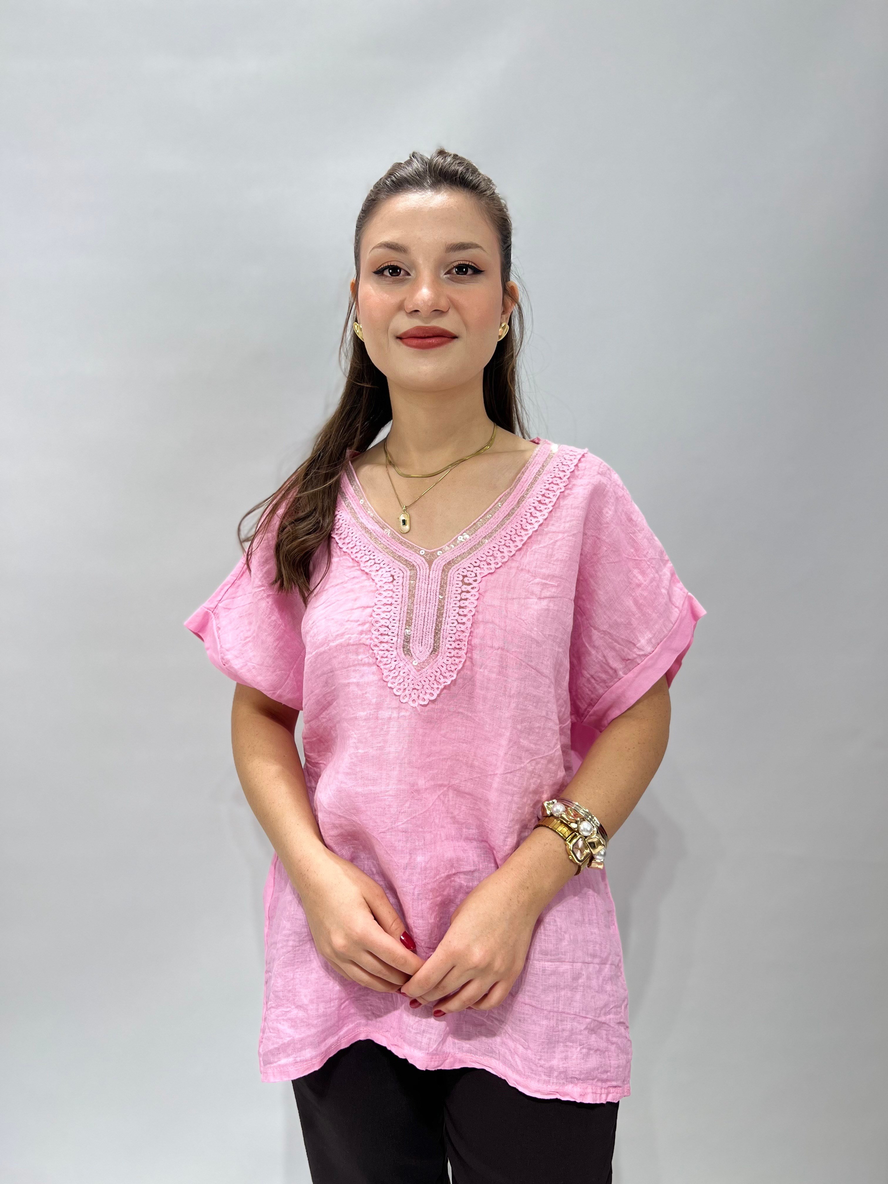 Yaka Nakışlı Keten Bluz PEMBE