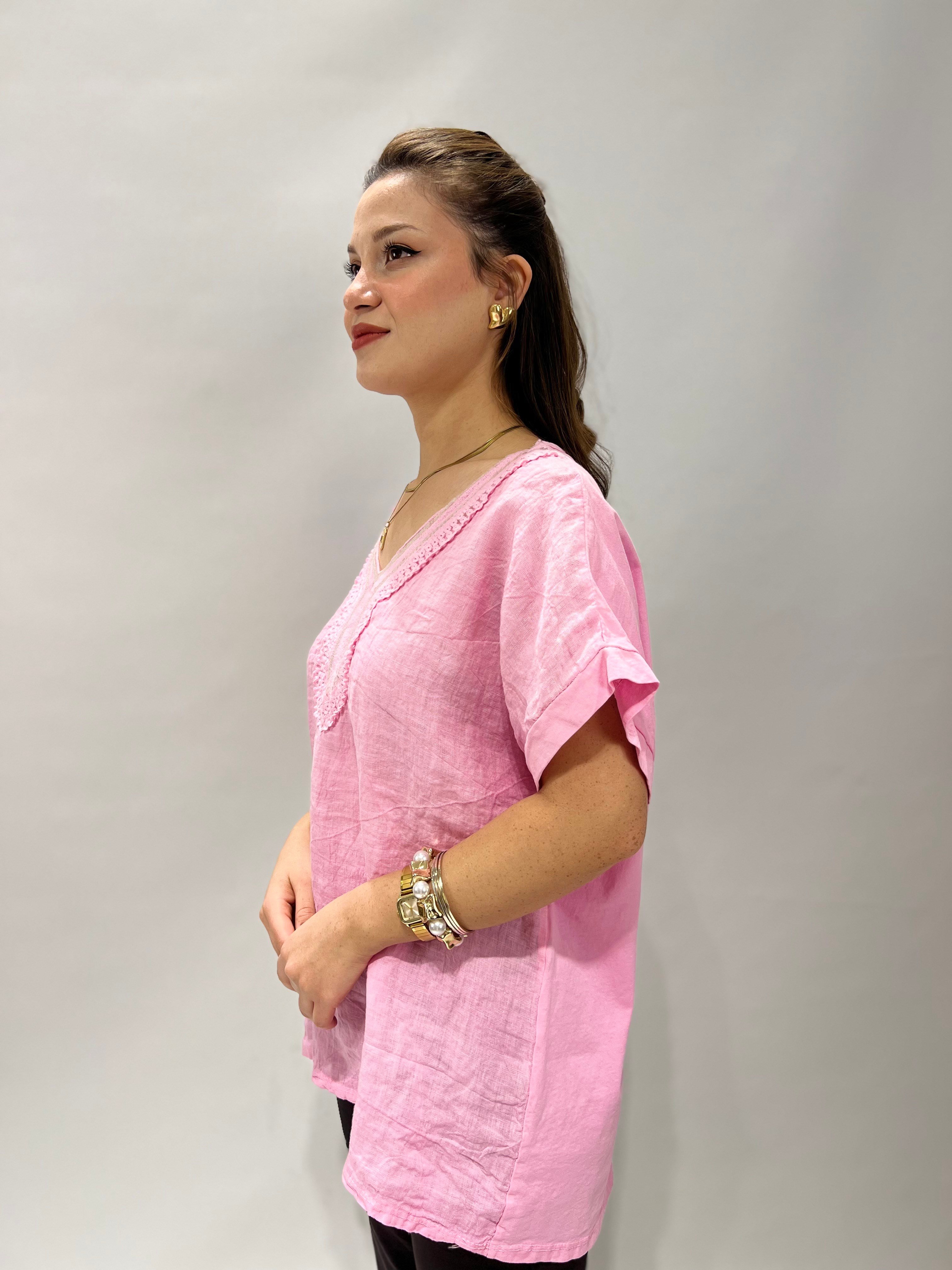 Yaka Nakışlı Keten Bluz PEMBE