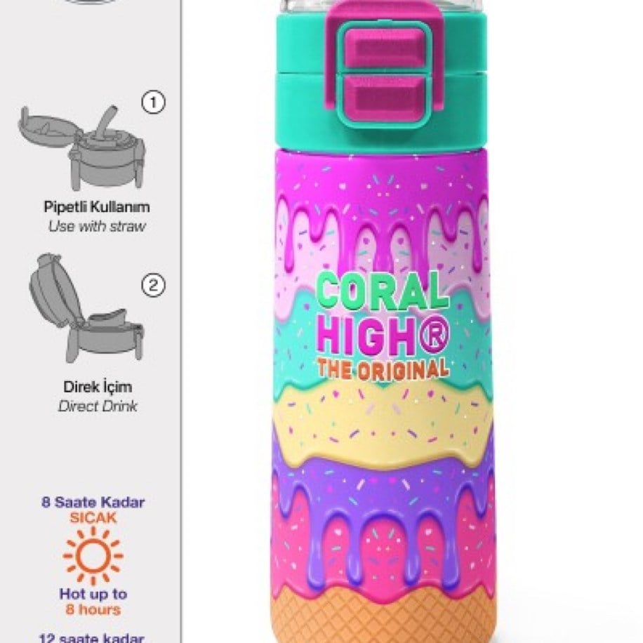 CORAL HİGH DONDURMA DESENLİ PİPETLİ VE DİREK İÇİM 500ml ÇELİK SULIM