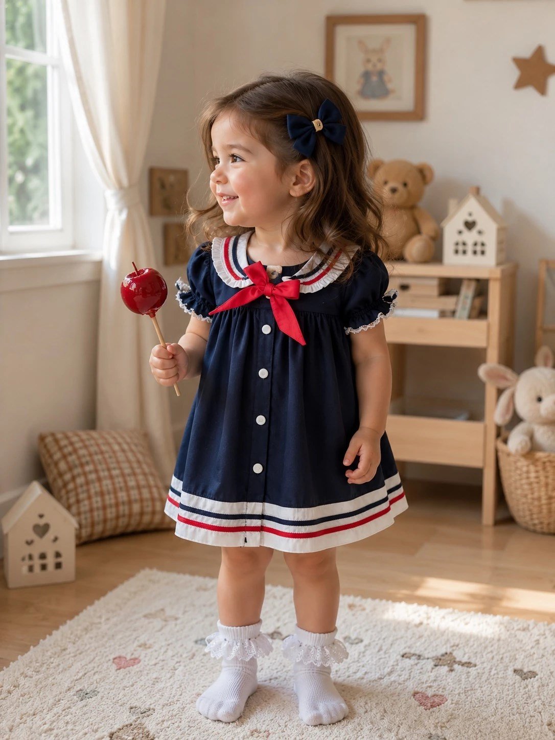 FİYONK VE YAKA DETAYLI LACİVERT BEBEK ELBİSE 